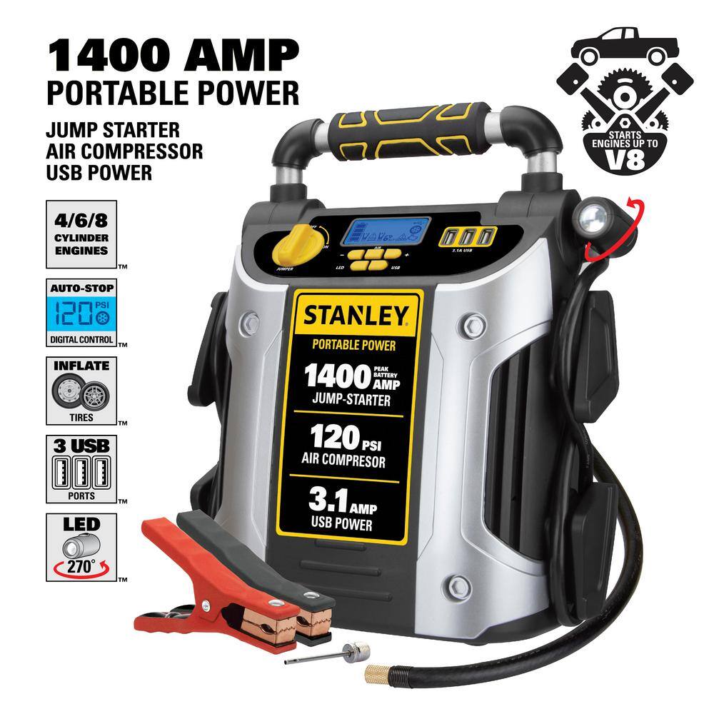Stanley J7C09D Jump Starter. 1400 Peak Amps. 120 PSI Air Compressor. 3 USB Ports