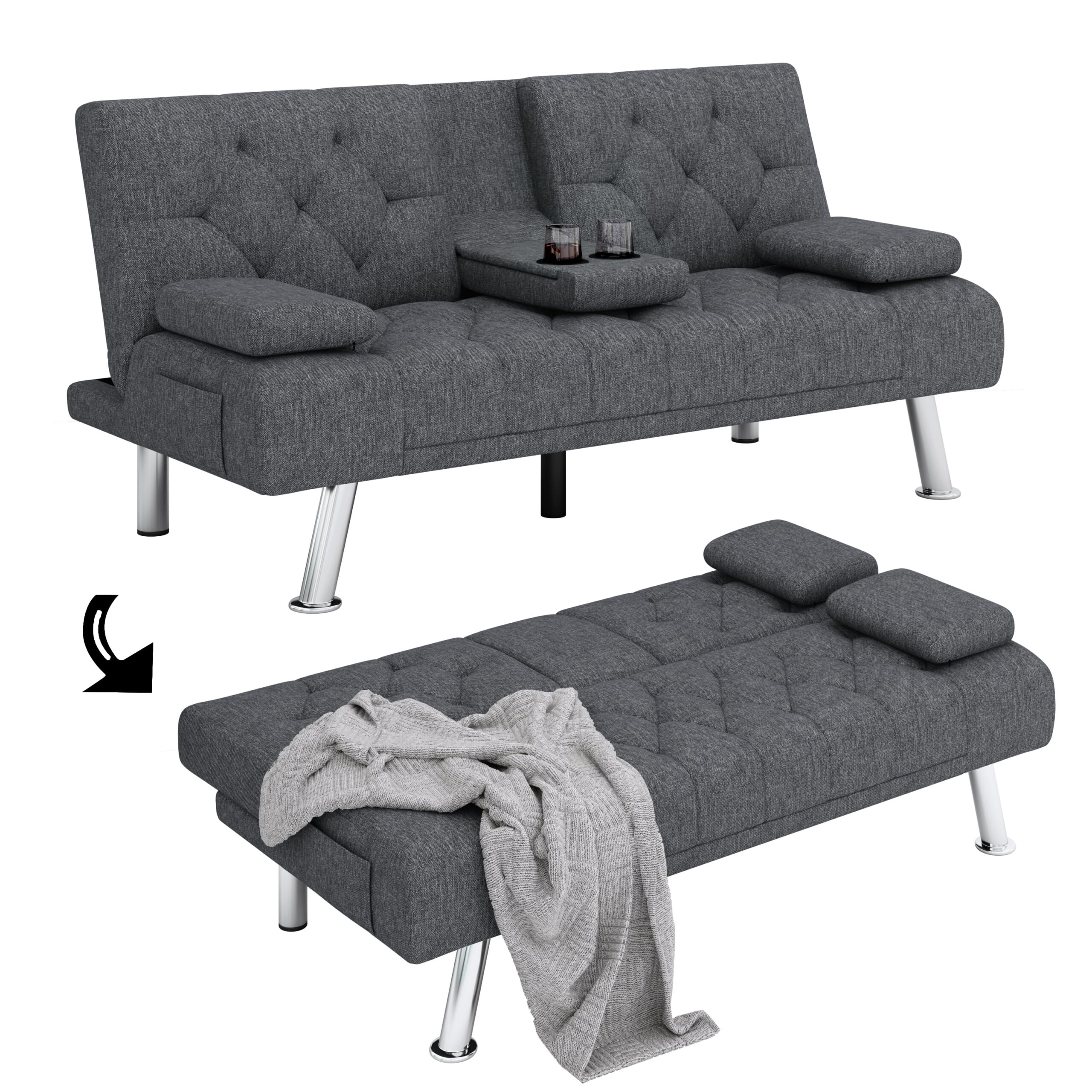 Homfa Convertible Futon Sofa Bed Couch. Folding Sleeper Upholstered Sofa with Removable Armrests and 2 Cup Holders. Dark Gray
