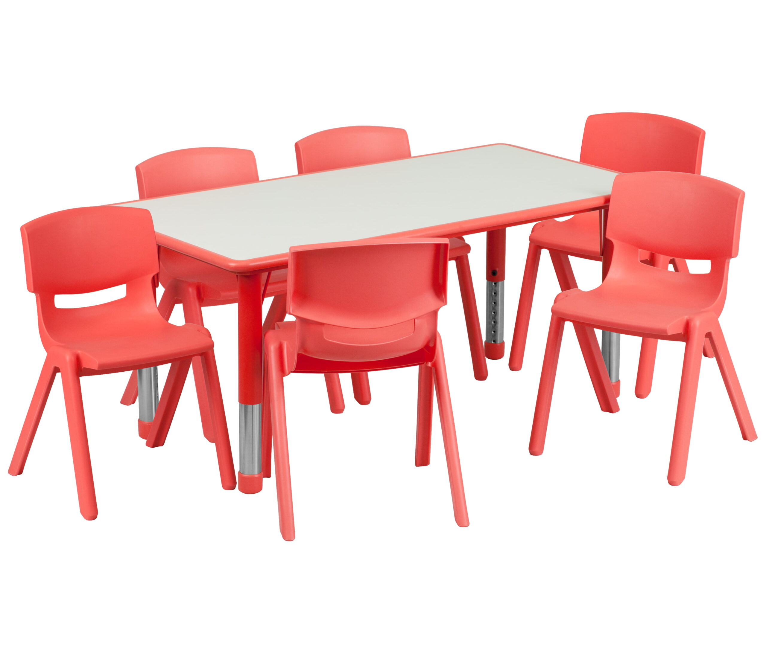 BizChair 23.625”W x 47.25”L Rectangular Red Plastic Height Adjustable Activity Table Set with 6 Chairs
