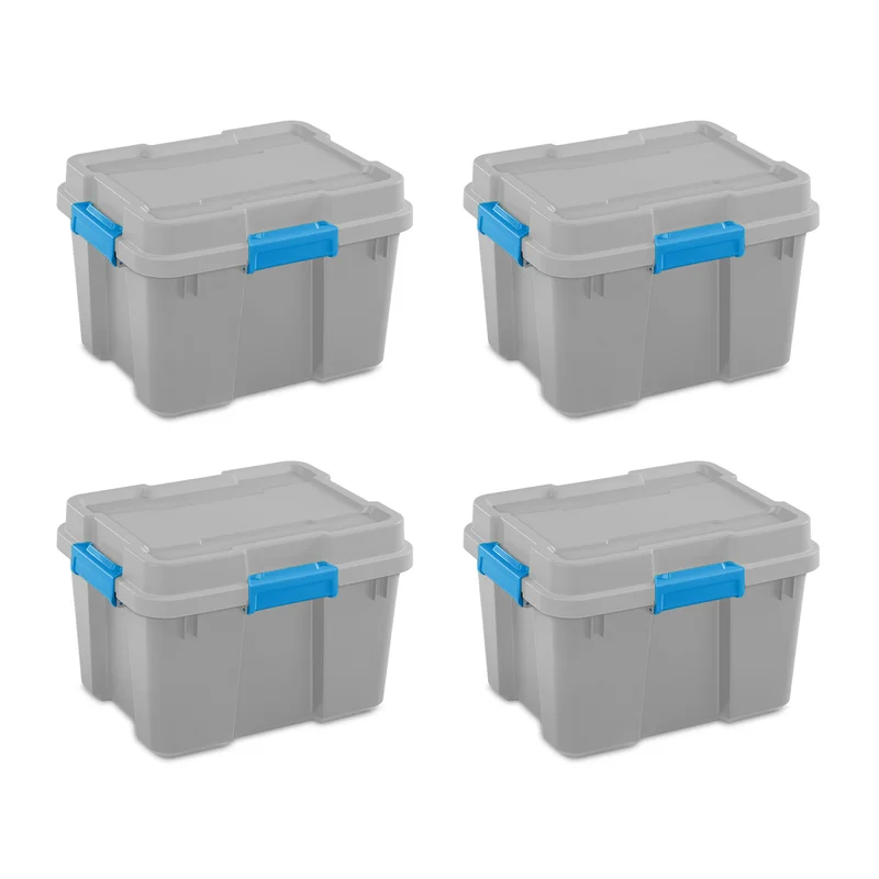 Sterilite 20 Gallon Plastic Home Storage Container Tote Box. Gray/Blue. (4 Pack)