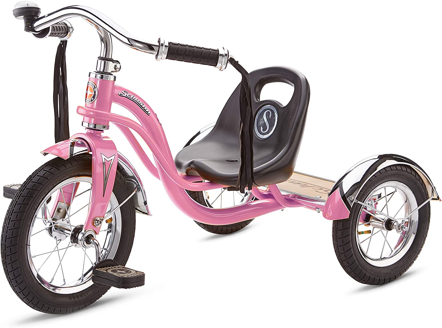 Schwinn Roadster Bike for Toddlers. Kids Classic Tricycle. Boys and Girls Ages 2 - 4 Years Old. Steel Trike Frame. Rear Deck Made of Genuine Wood. & Fabric Tassels. Light Pink