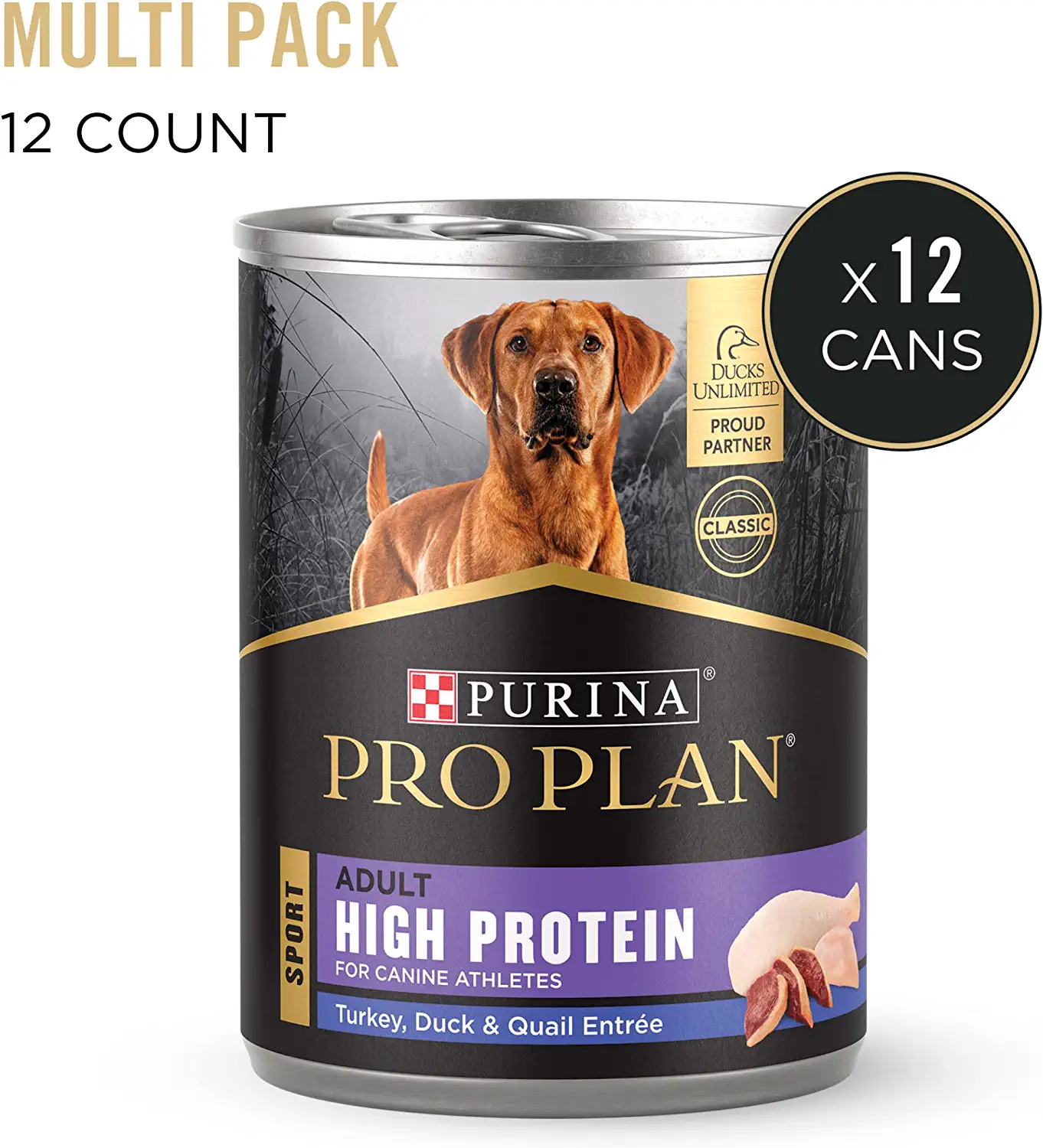 Purina Pro Plan Sport High Protein Turkey. Duck & Quail Entrée Wet Dog Food. 13-oz can. case of 12