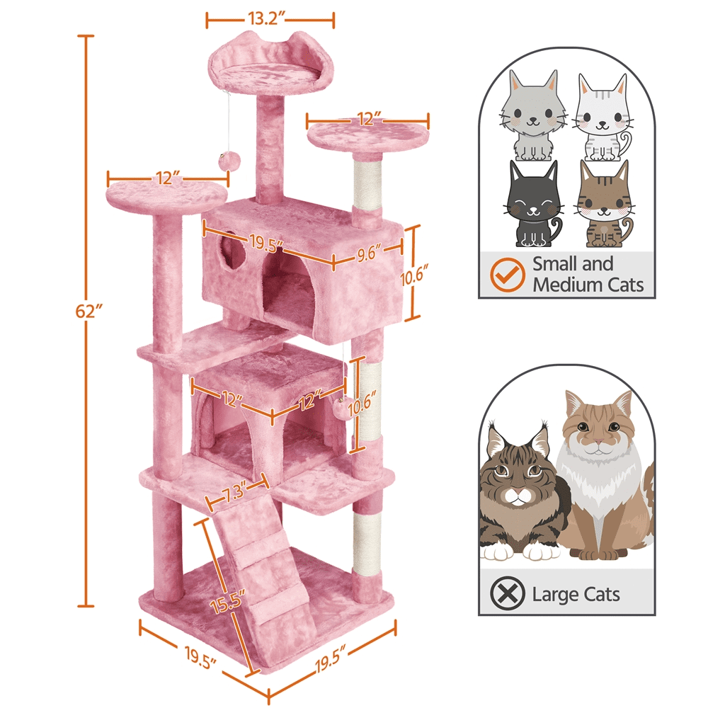 SmileMart 62”H Double Condo Cat Tree with Scratching Post Tower. Pink