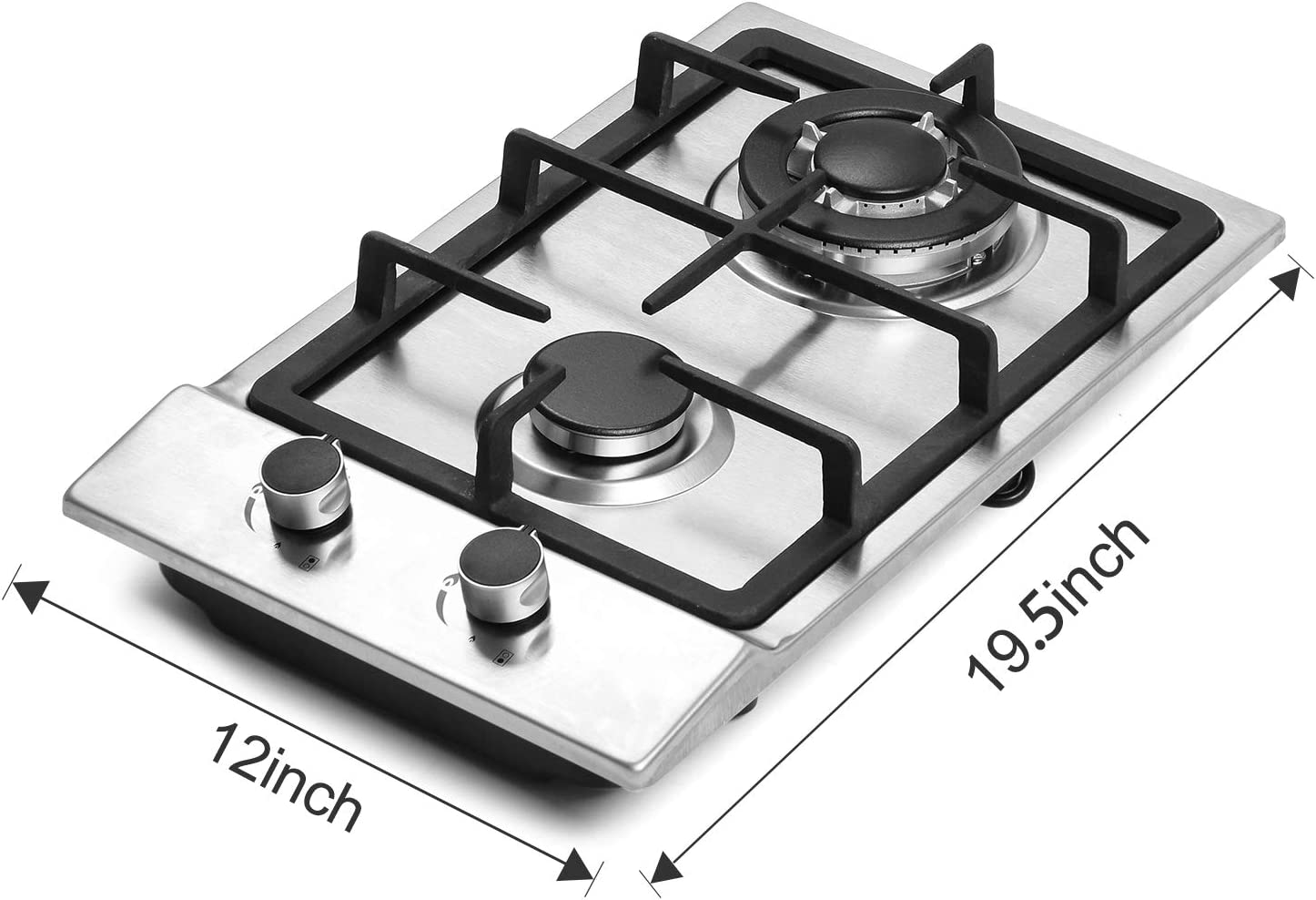Forimo 12″ Gas Cooktops. 2 Burner Drop-in Propane/Natural Gas Cooker. 12 Inch Stainless Steel Gas Stove Top Dual Fuel Easy to Clean (12Wx20L)