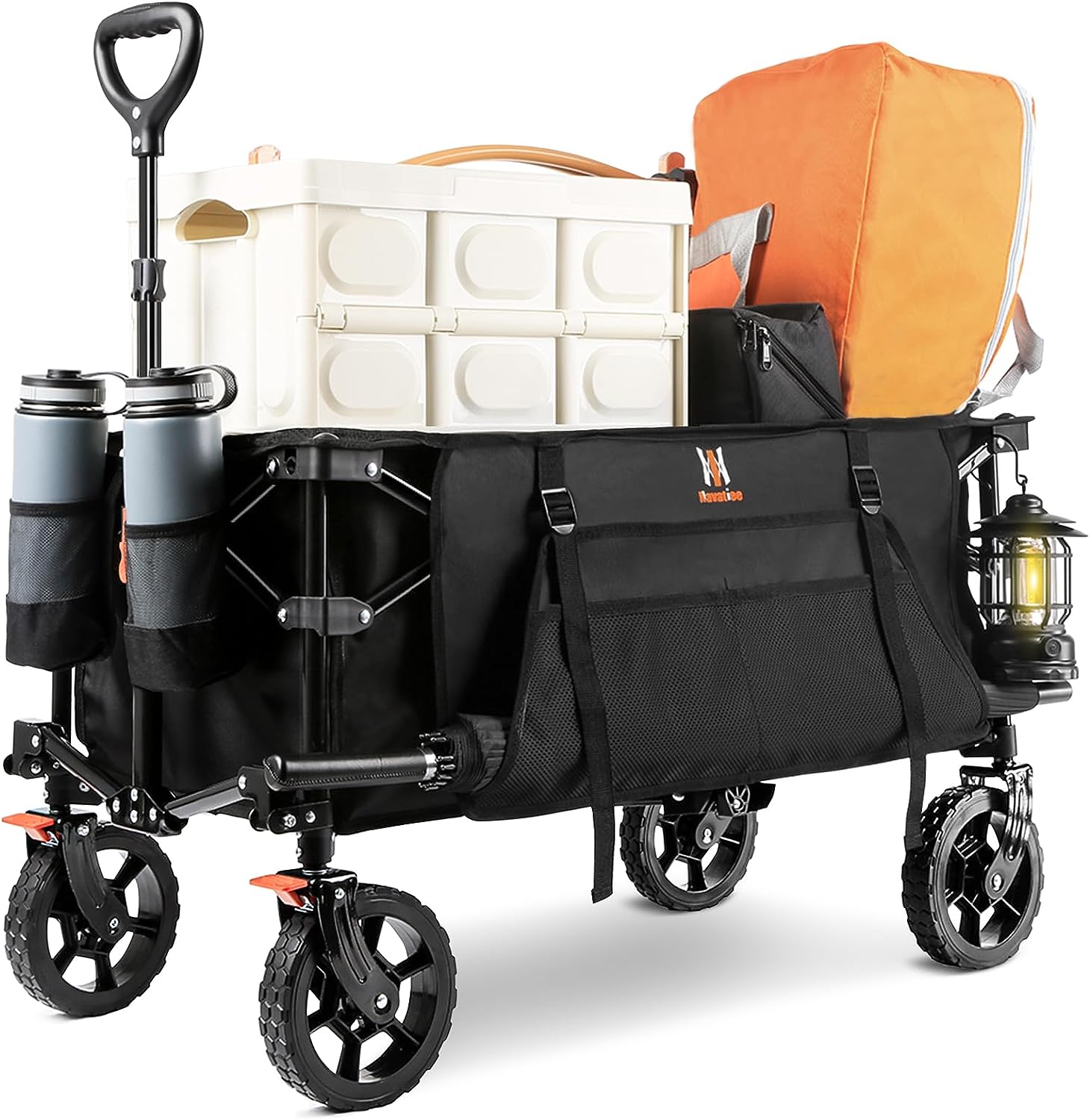 Navatiee Collapsible Folding Wagon. Heavy Duty Utility Beach Wagon Cart with Side Pocket and Brakes. Large Capacity Foldable Grocery Wagon for Garden Sports Outdoor Use. S1