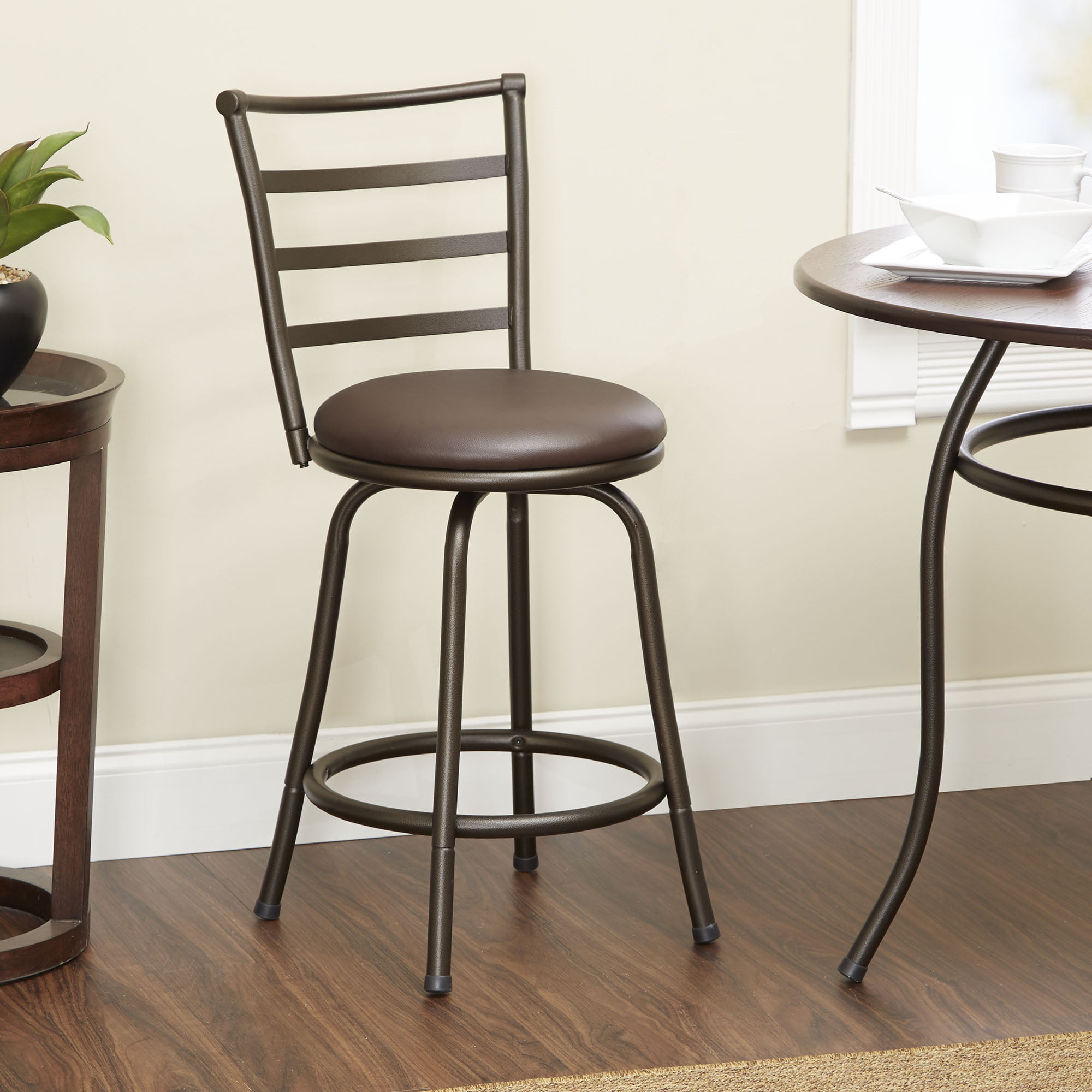 Metal and Leather Adjustable Counter Height Swivel Barstools. set of 2. Brown