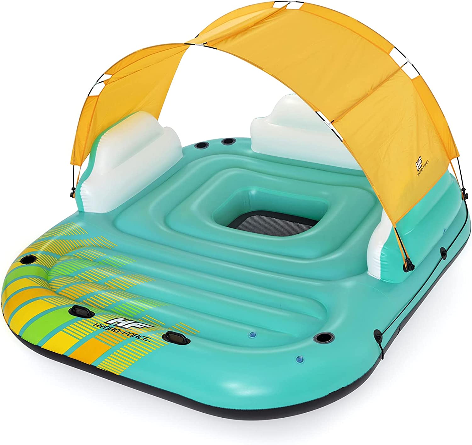Bestway Hydro Force Sunny 5 Person Inflatable Large Floating Island Lake Water Lounge Raft with Cup Holders and Removable Sunshade. Green
