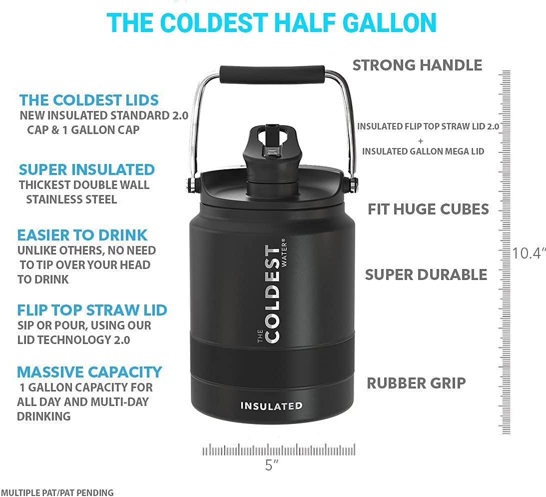 Coldest Sports Water Bottle - 1/2 Gallon (Straw Lid). Leak Proof. Vacuum Insulated Stainless Steel. Hot Cold. Double Walled. Thermo Mug. Metal Canteen (1/2 Gallon. White)