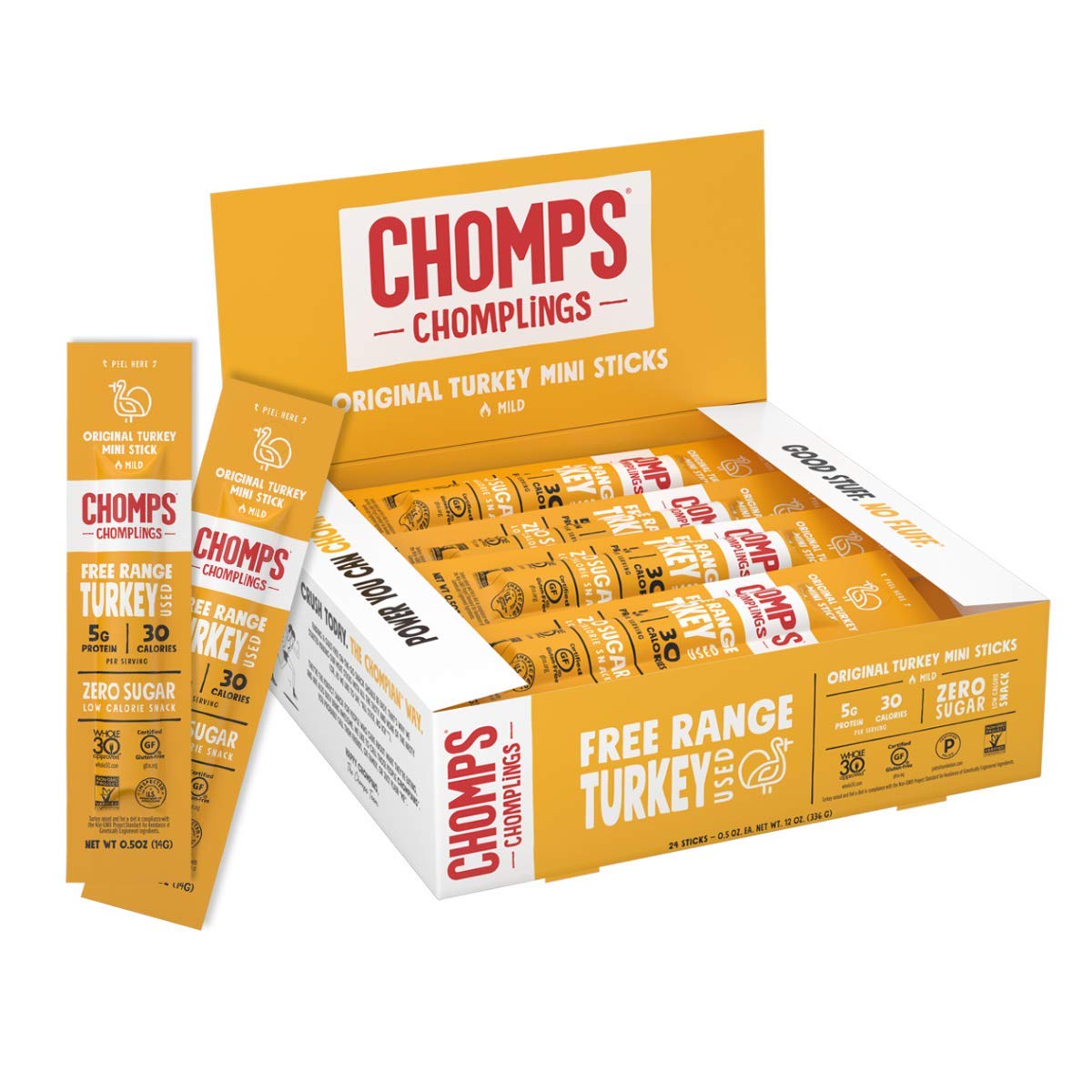 Chomps Mini Free Range Turkey Jerky Sticks. High Protein. Gluten Free. Sugar Free. Whole 30 Approved. 24ct 0.5oz
