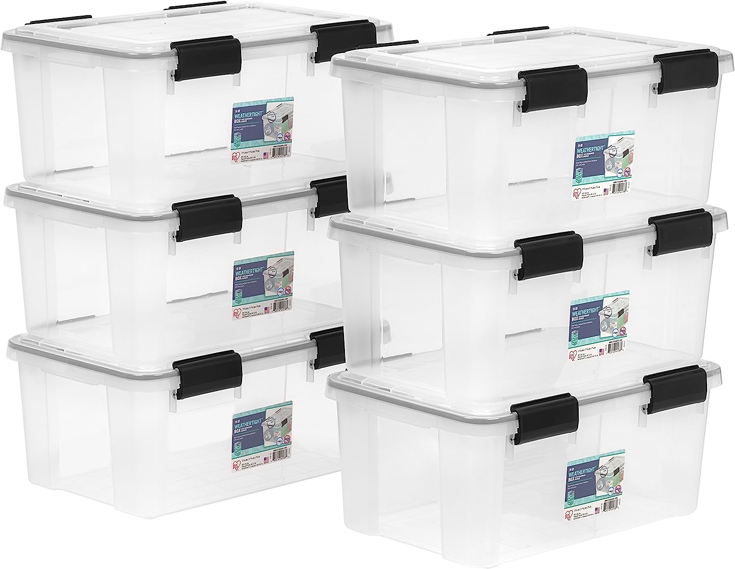 IRIS USA 19 Quart WEATHERPRO Plastic Storage Box with Durable Lid and Seal and Secure Latching Buckles. Weathertight. Clear with Black Buckles. 6 Pack