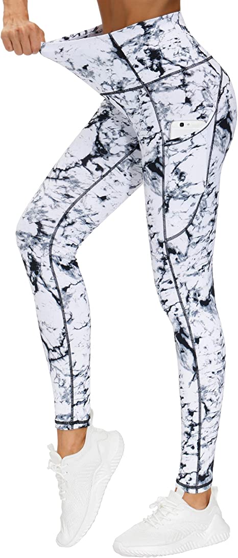 THE GYM PEOPLE Thick High Waist Yoga Pants with Pockets. Tummy Control Workout Running Yoga Leggings for Women. Marble