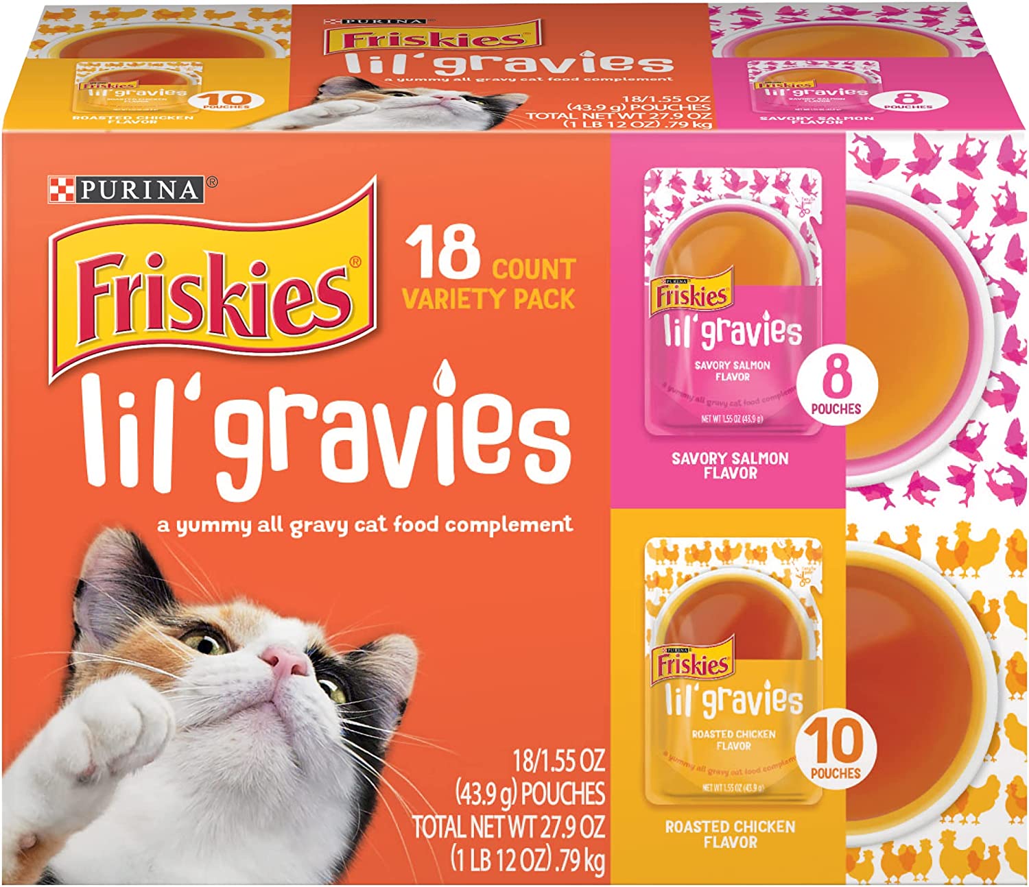 Purina Friskies Lil- Gravies Variety Pack with Chicken Salmon Turkey and Roast Beef Flavors Cat Food Complements - (18) 1.55 oz. Pouches