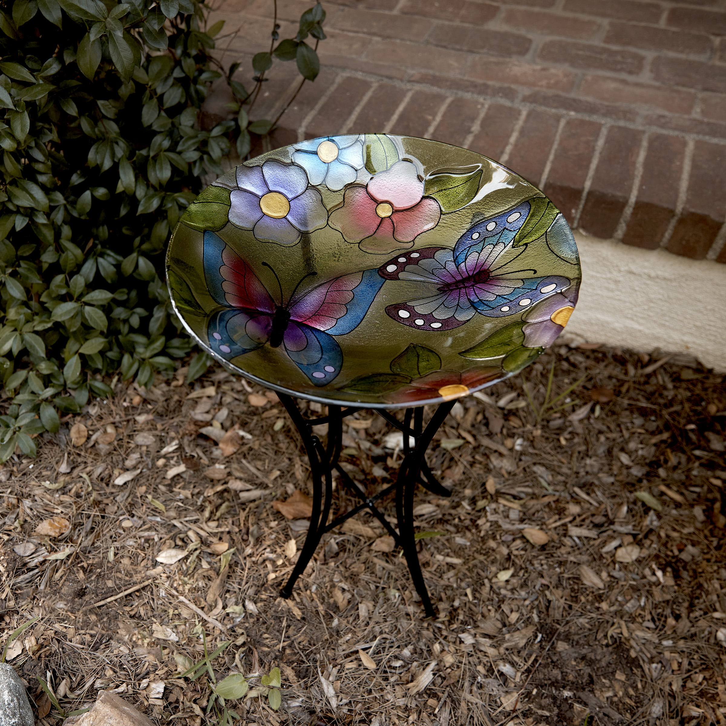 Alpine Corporation 18″ Floral Butterfly Painted Glass Birdbath Bowl. Multicolor