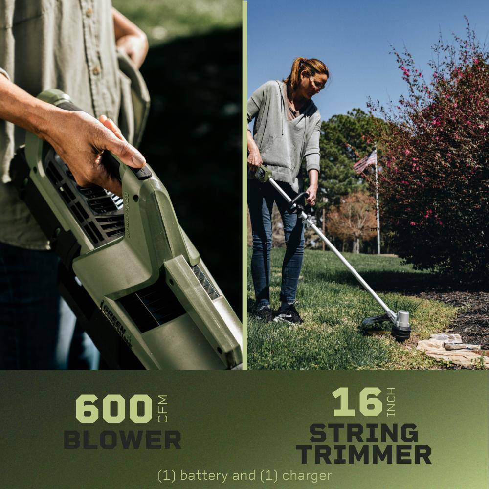Green Machine GMBT6200-CP 62V 2-Tool Combo Kit: 600 CFM. 120 MPH Axial Blower. 16 in Brushless String Trimmer. 4Ah battery. Rapid Charger (4 pcs)