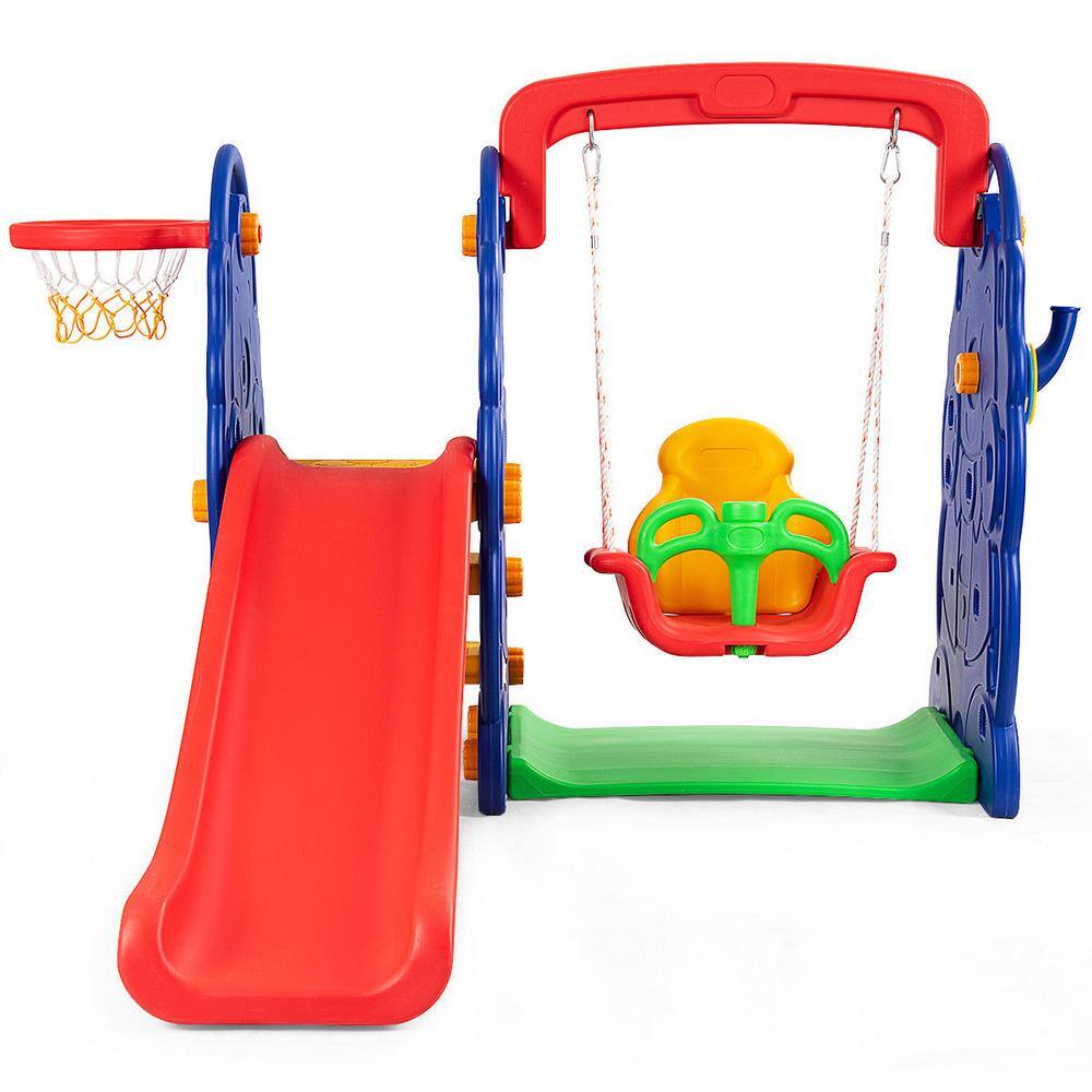 Costway TY325113+ 3 in 1 Junior Children Climber Slide Swing Seat Basketball Hoop Playset Backyard