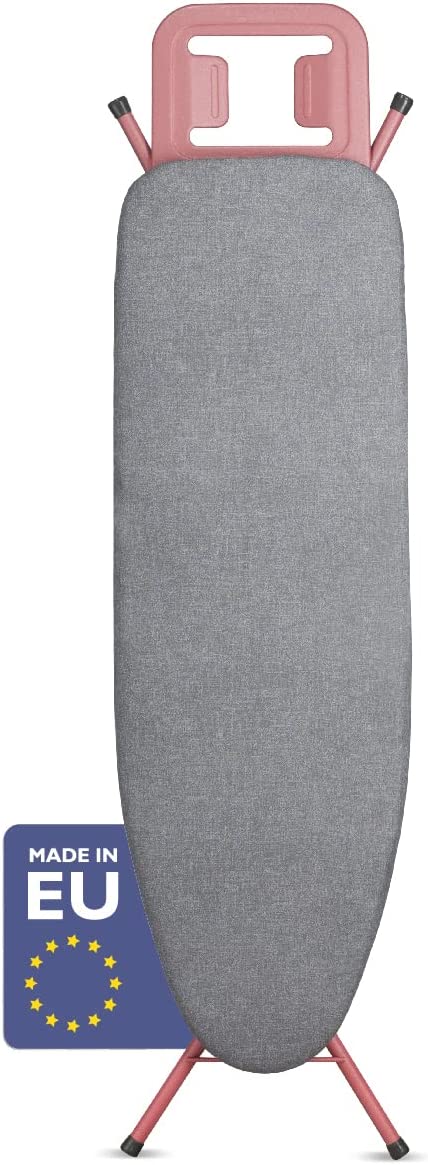 Bartnelli Ironing Board Made in Europe | Iron Board with 4 Layered Cover & Pad. Height Adjustable up to 36″ Features A Safety Iron Rest. 4 Steel Rose Legs. for Home Laundry Room or Dorm Use. Rose/Gray (43×14)