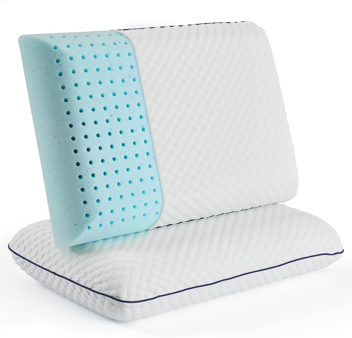Weekender Gel Memory Foam Pillow – Cooling & Ventilated - 2 Pack King Size - Premium Washable Cover White. Blue
