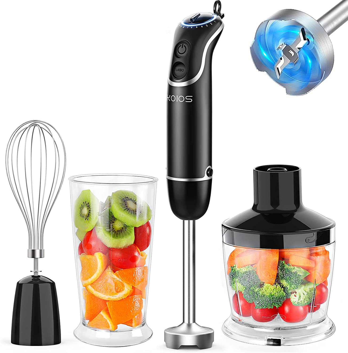 KOIOS Upgraded Immersion Hand Blender. 800W Motor. 12-Speed. 4 in 1 and Turbo Mode. Splashproof Blender Shaft with 304 Stainless Steel Blade. Egg Whisk. BPA-Free 500ml Food Processor. 600ml Beaker