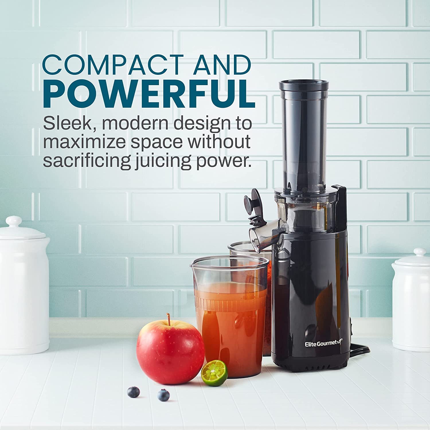 Elite Gourmet EJX600 Compact Small Space-Saving Masticating Slow Juicer. Cold Press Juice Extractor. Nutrient and Vitamin Dense. Easy to Clean. 16 oz Juice Cup. Charcoal Grey