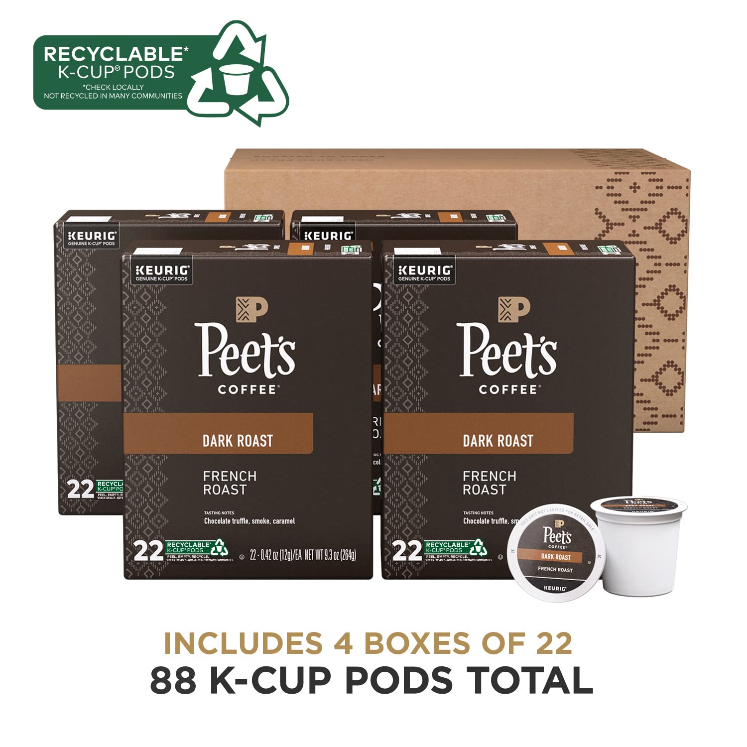 Peet-s Coffee. Dark Roast K-Cup Pods for Keurig Brewers - French Roast 88 Count (4 Boxes of 22 K-Cup Pods)