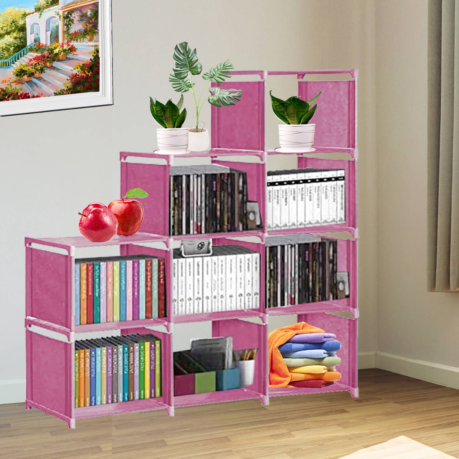 Kid Adjustable Bookcase Storage Bookshelf with 9 Cube Book Shelves For Kids Adult . Pink