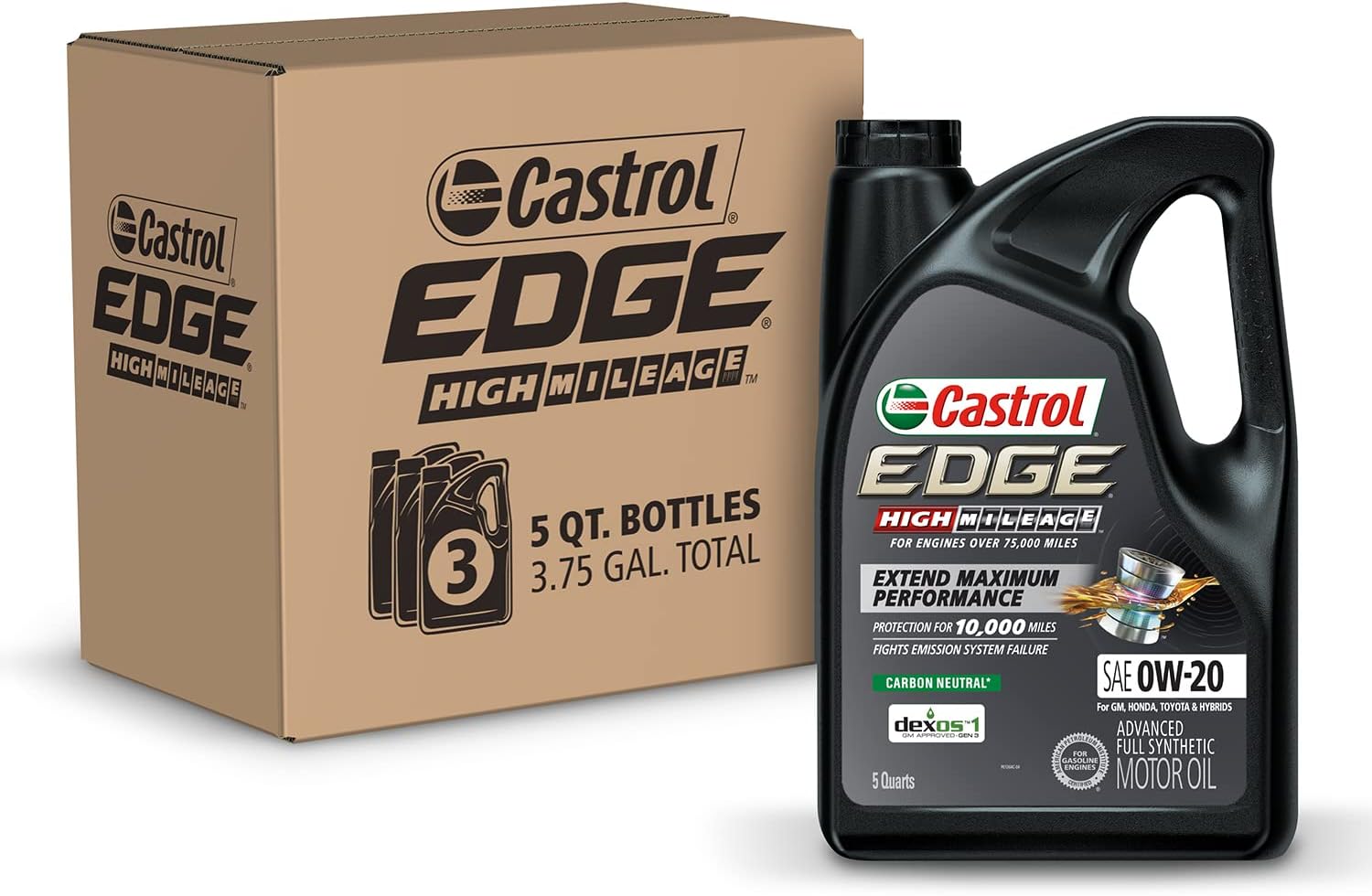 Castrol Edge High Mileage 0W-20 Advanced Full Synthetic Motor Oil. 5 Quarts. Pack of 3