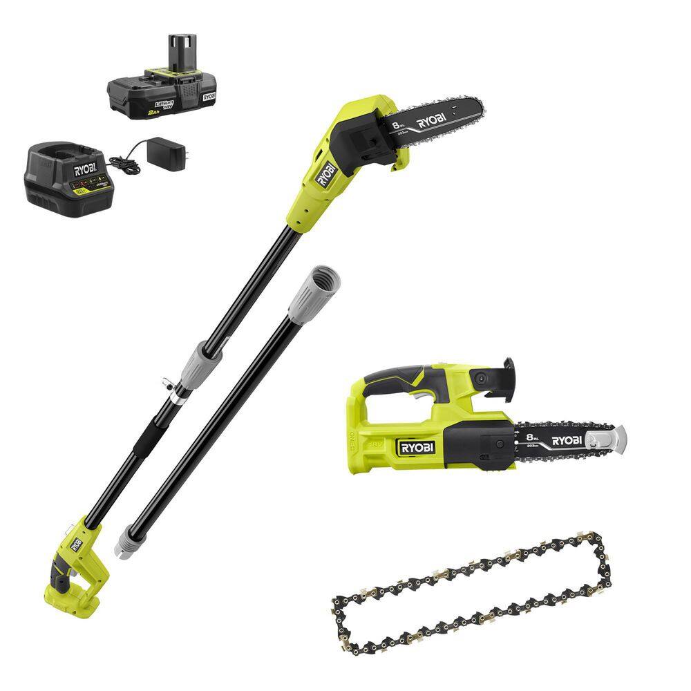 RYOBI P20310-AC ONE+ 18V 8 in. Cordless Battery Pole Saw and 8 in. Pruning Saw Combo Kit with Extra Chain. 2.0 Ah Battery. and Charger