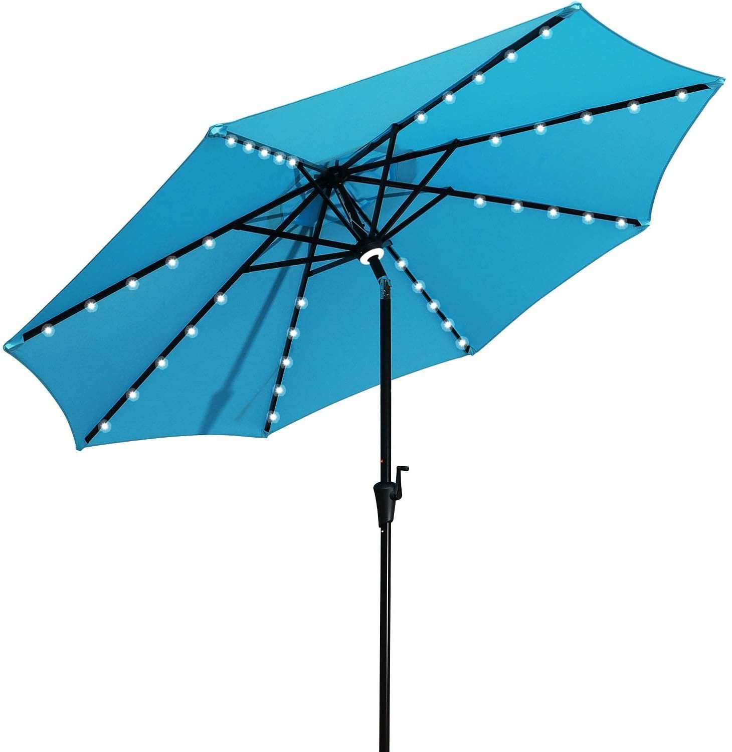 GOLDSUN Patio 9 Ft Market Outdoor Aluminum Table Umbrella with Solar LED Led lights and Push Button Tilt (Aqua blue)