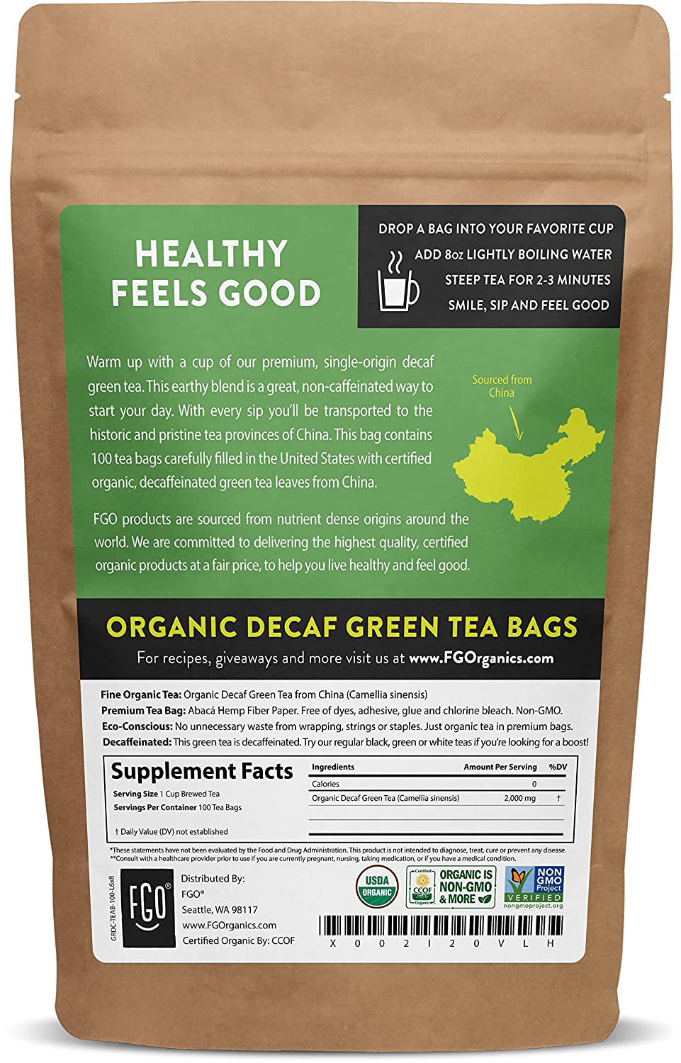 FGO Organic Green Tea Bags (Decaf) 100 Tea Bags Eco-Conscious Tea Bags in Kraft Bag Raw from China