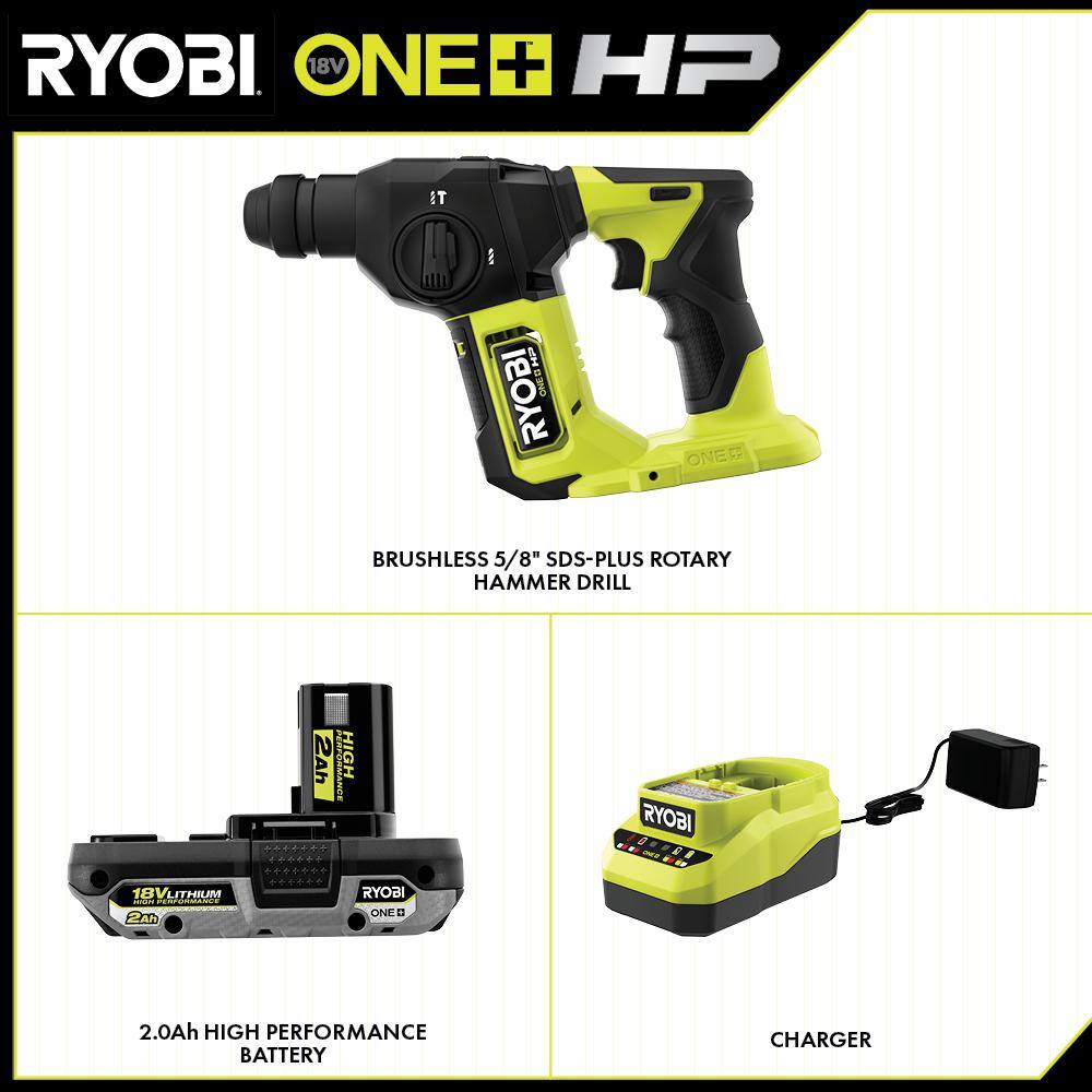 RYOBI PSBRH01K1 ONE+ HP 18V Brushless Cordless Compact 5/8 in. SDS Rotary Hammer Kit with 2.0 Ah HIGH PERFORMANCE Battery and Charger