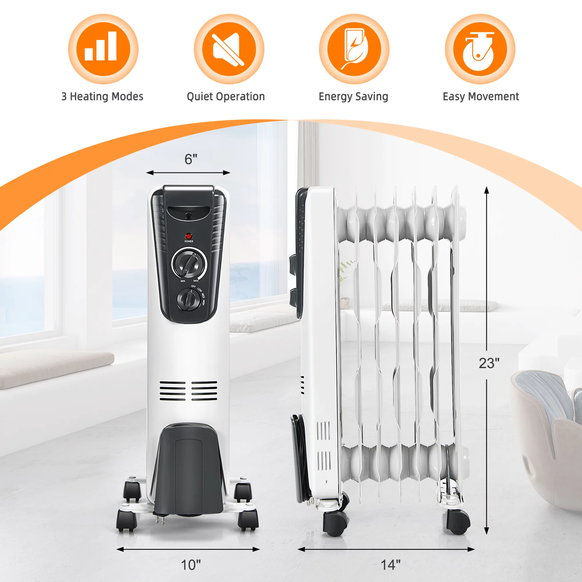 Gymax 1500W Oil Filled Radiator Heater Portable Space Heater w/ 3 Heat Settings