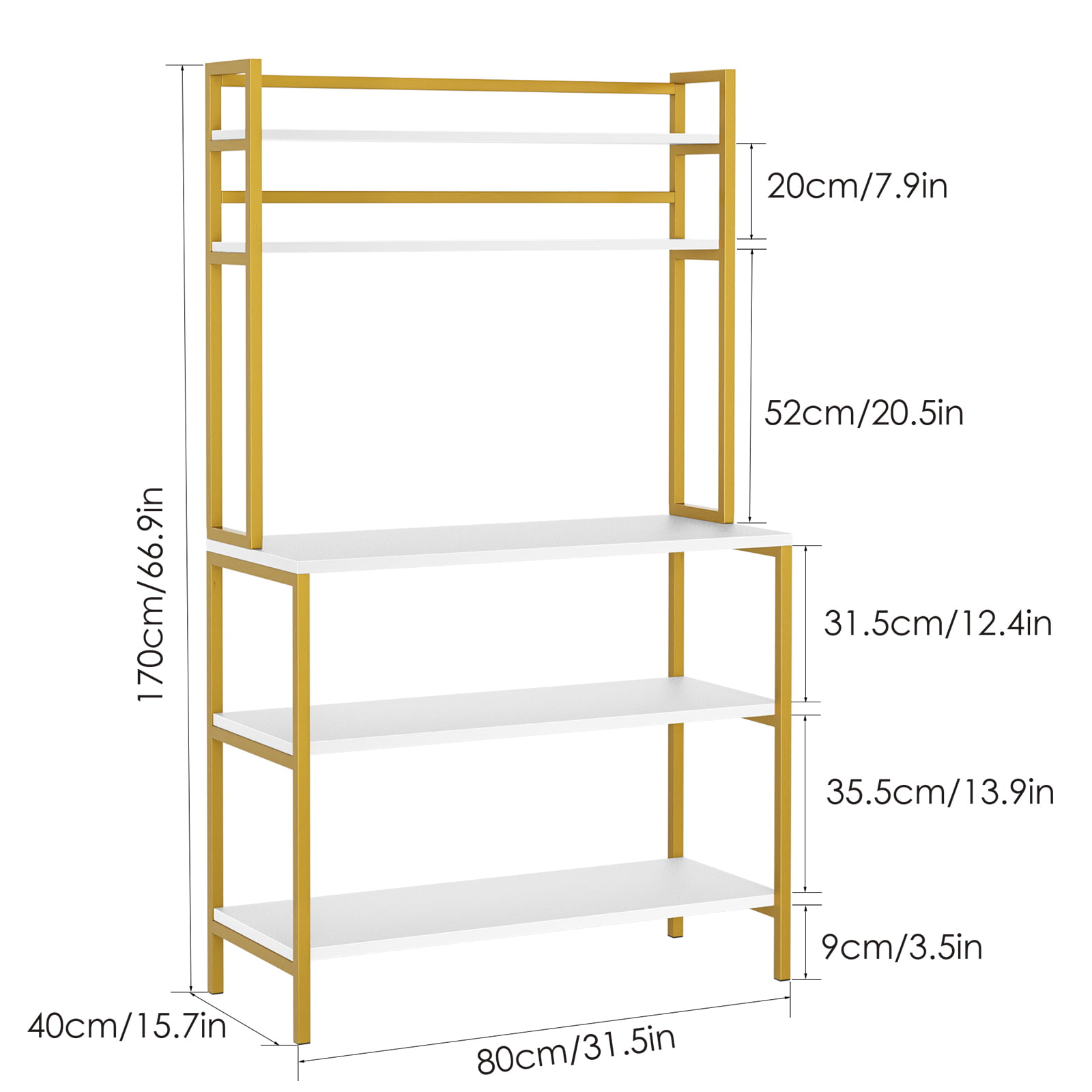 Homfa 5-Tier Kitchen Bakers Rack with Hutch. Gold Framed Microwave Oven Stand Storage Shelf. White Finish