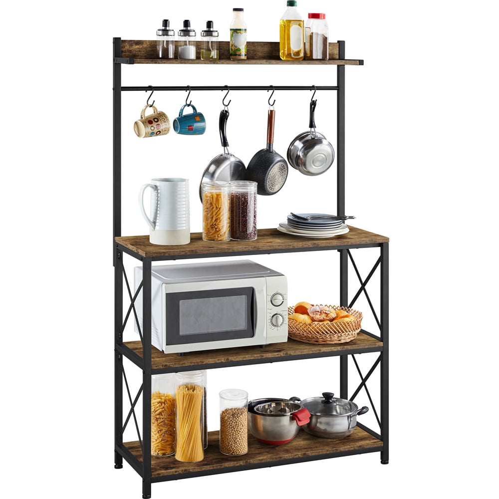 SmileMart 4-Tier Bakers Rack Kitchen Storage Shelf with S-Hooks. Rustic Brown