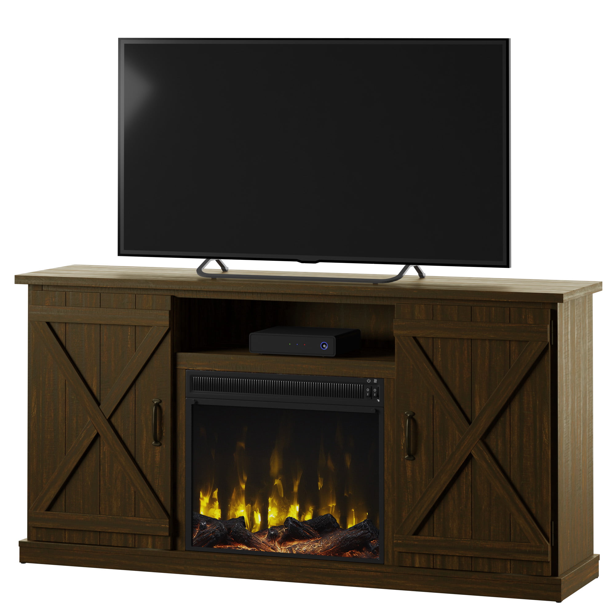 Twin Star Home Barn Door TV Stand for TVs up to 70 inches with ClassicFlame Electric Fireplace. Sawcut Espresso