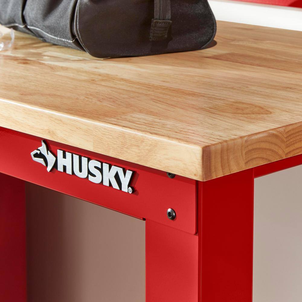 Husky G9600R-US1 8 ft. Adjustable Height Solid Wood Top Workbench in Red for Ready to Assemble Steel Garage Storage System