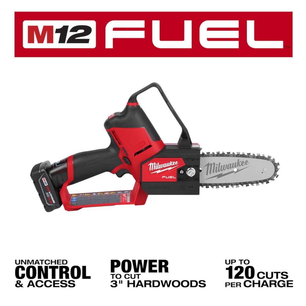 Milwaukee 2527-21-48-11-2460 M12 FUEL 12-Volt Lithium-Ion Brushless Cordless 6 in. HATCHET Chainsaw Kit with 6.0 Ah and 4.0 Ah Battery. Charger