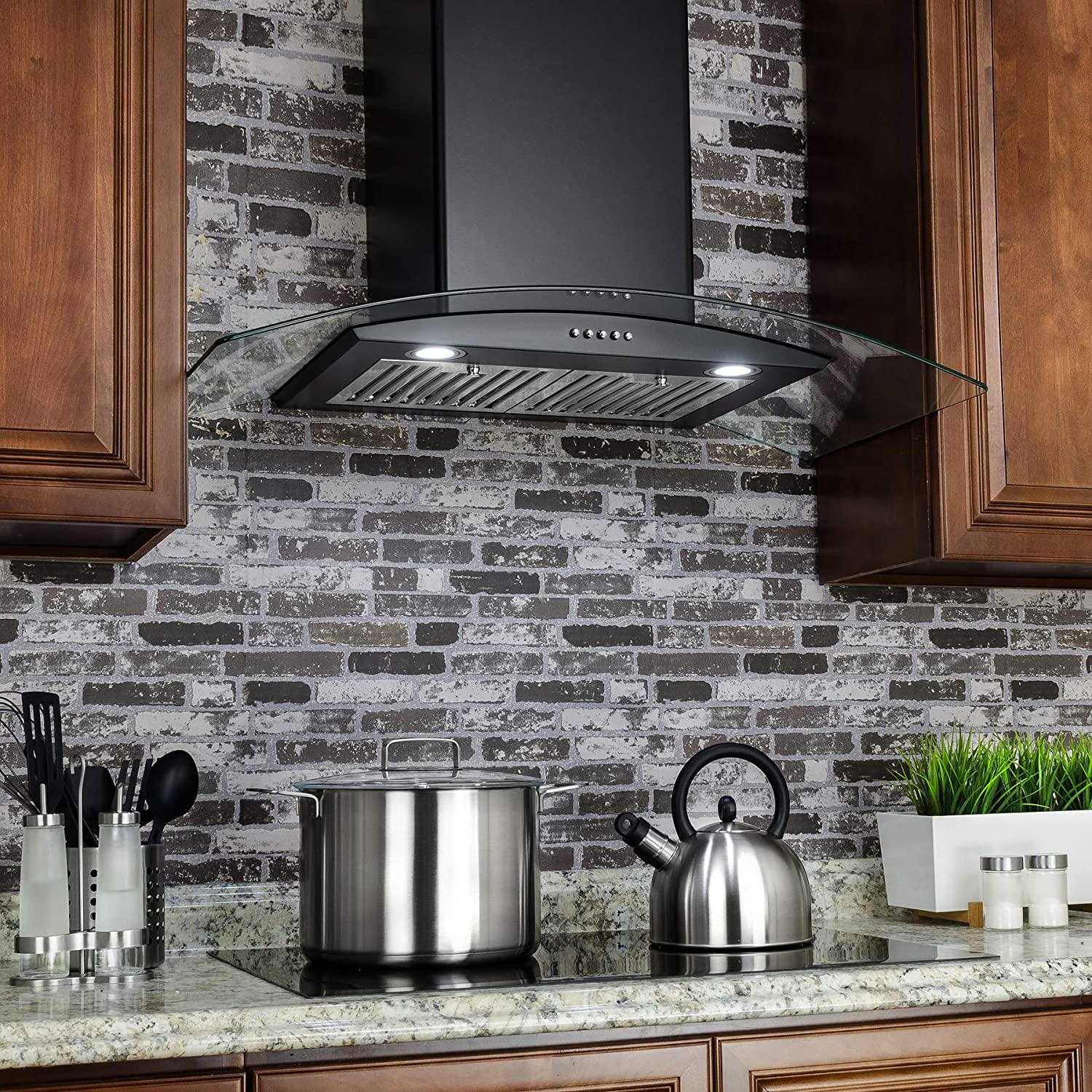 AKDY 30 in. Convertible Wall Mount Range Hood in Black Painted Stainless Steel with Tempered Glass and Push Button Control