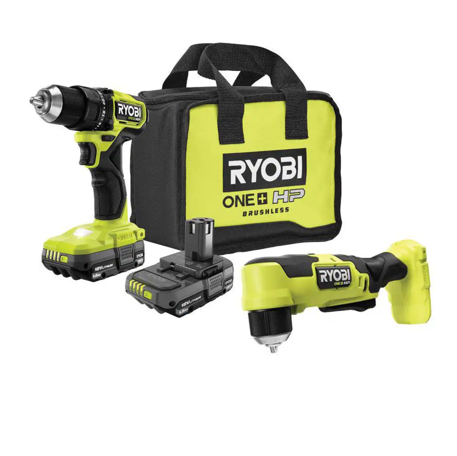 RYOBI PSBDD01K-PSBRA02B ONE+ HP 18V Brushless Cordless Compact 1/2 in. Drill/Driver. 3/8 in. Right Angle Drill. (2) Batteries. Charger. and Bag