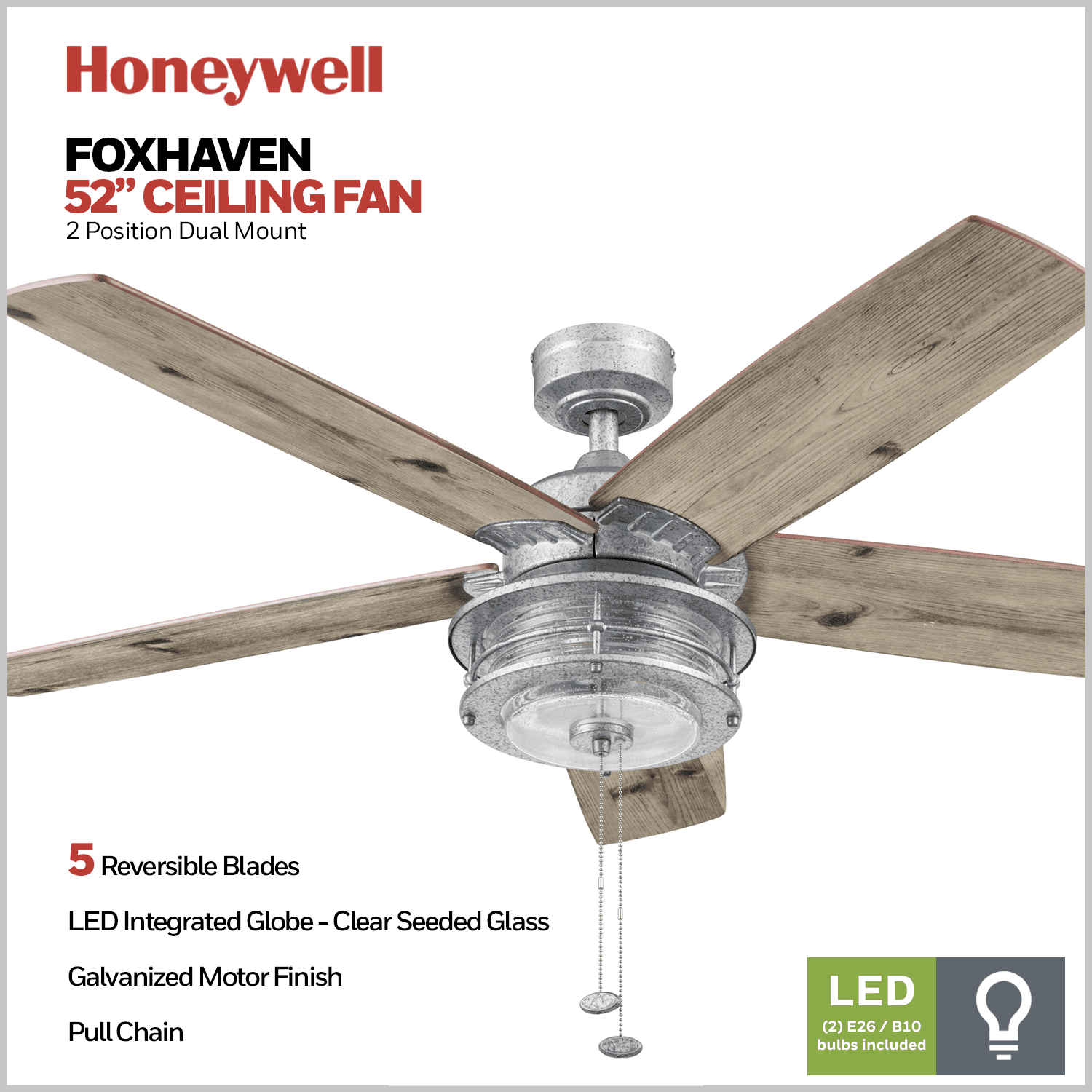 Prominence Home Foxhaven 52″ Galvanized Farmhouse Ceiling Fan with 5 Blades. Lantern Style Light Kit & Pull Chains