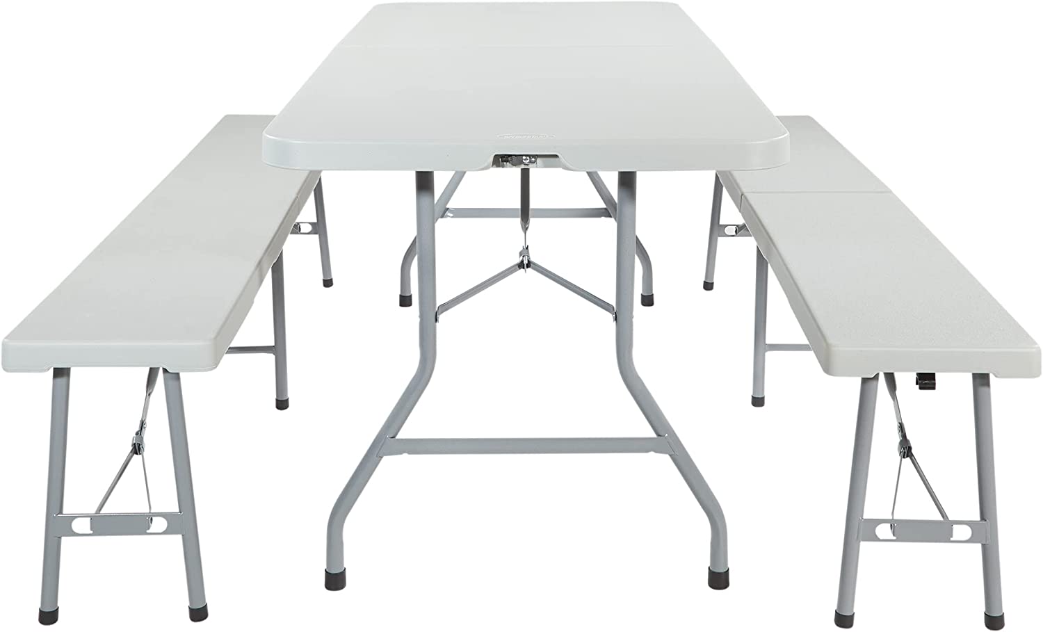 Office Star Resin Furniture for Indoor or Outdoor Use. 3-Piece Set. 2 Folding Benches and 6 Foot Table