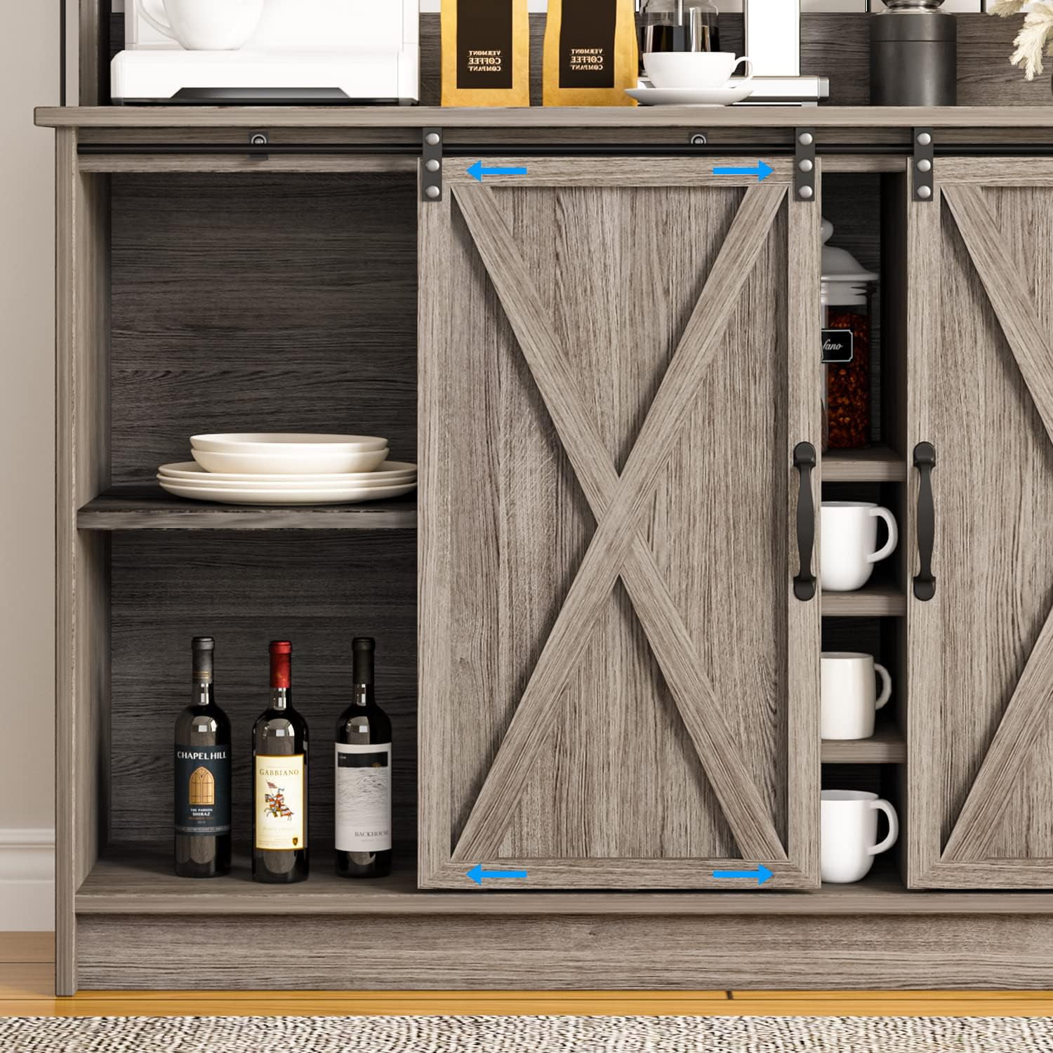 Farmhouse Coffee Bar Cabinet with Huth. 47″ Sideboard Buffet Cabinet with Removable 9 Wine Rack. Farmhouse Gray