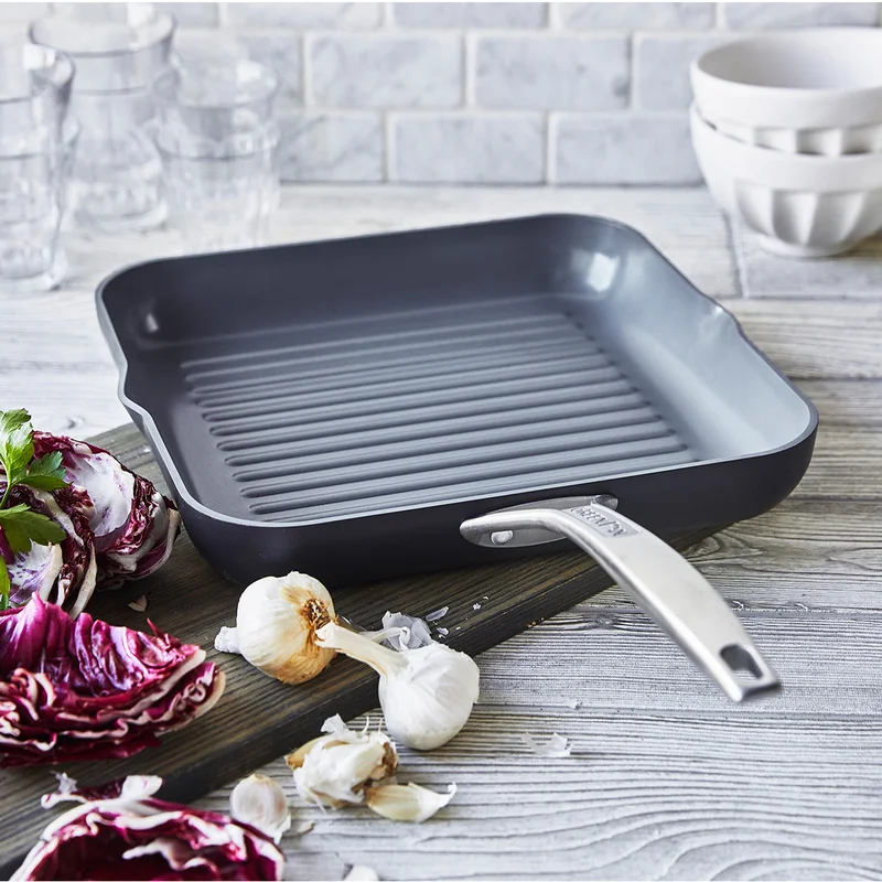 GreenPan Paris Pro Hard Anodized Healthy Ceramic Nonstick. 11″ Square Grill Pan. PFAS-Free. Dishwasher Safe. Grey