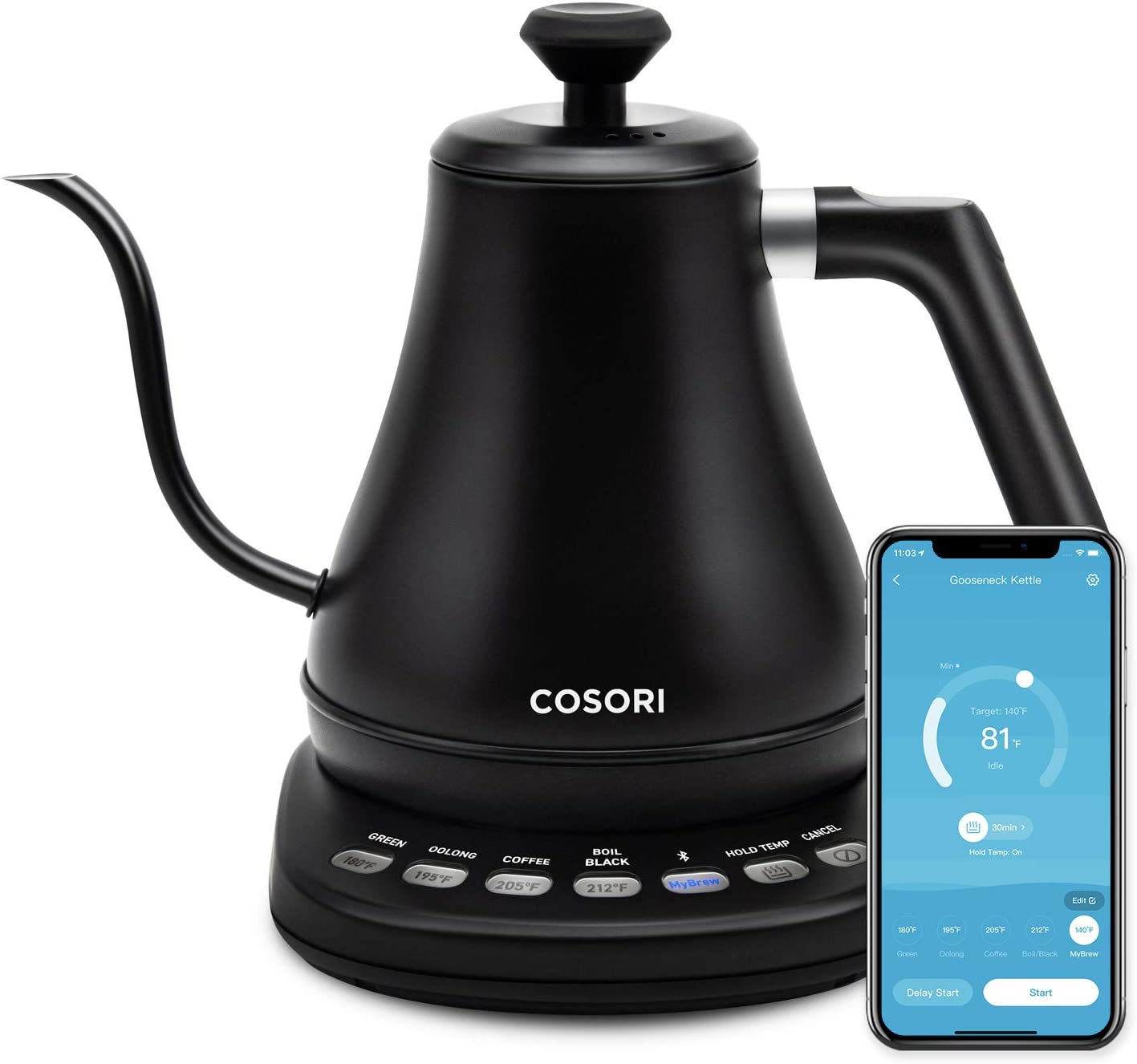 COSORI Electric Gooseneck Kettle Smart Bluetooth with Variable Temperature Control. Pour Over Coffee Kettle & Tea Kettle. 100% Stainless Steel Inner Lid & Bottom. Quick Heating. Matte Black