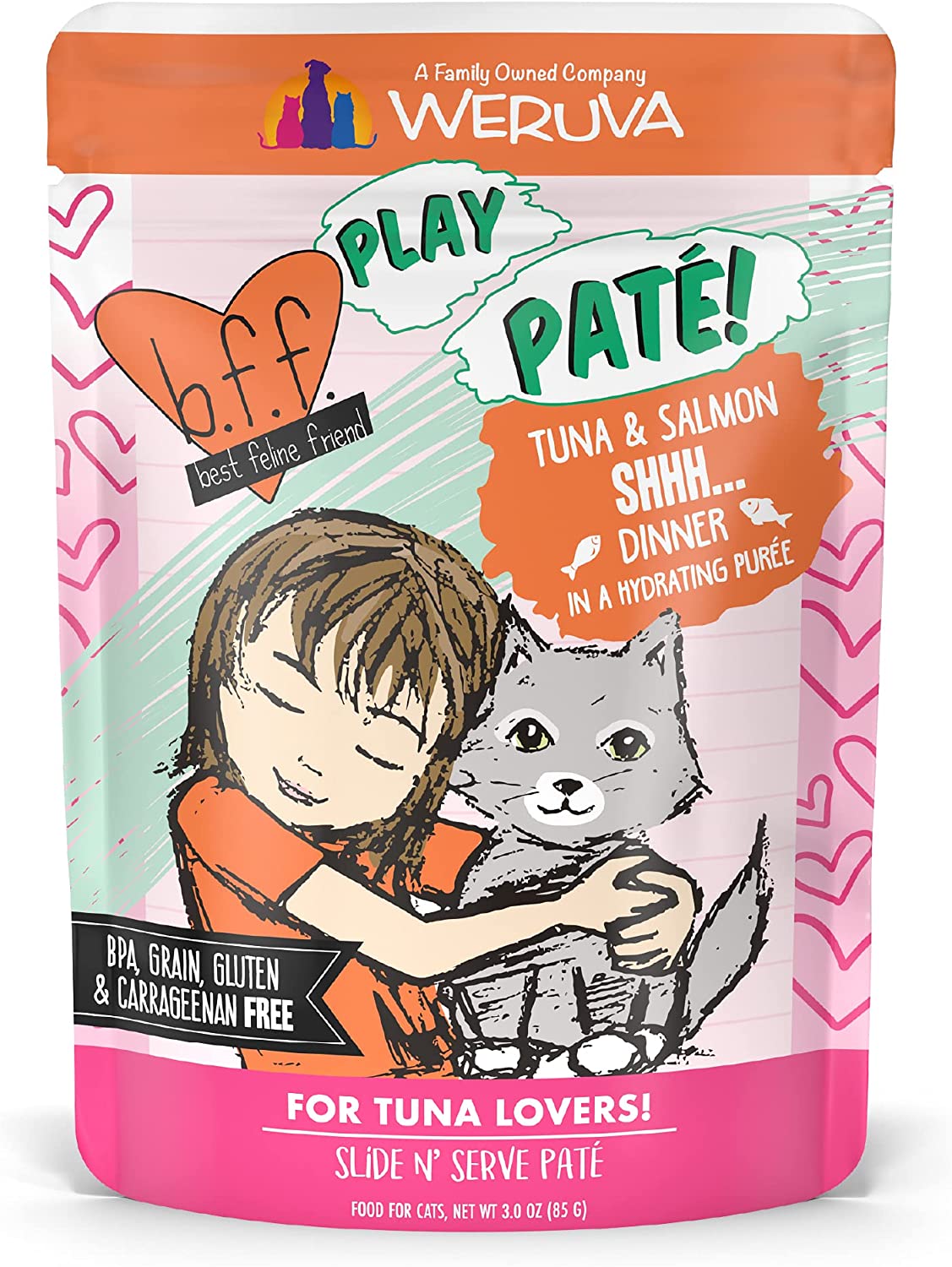 Weruva Wet Cat Food B.F.F. PLAY - Best Feline Friend Paté Lovers. Aw Yeah!. Tuna & Salmon Shhh… with Tuna & Salmon. 3oz Pouch (Pack of 12)
