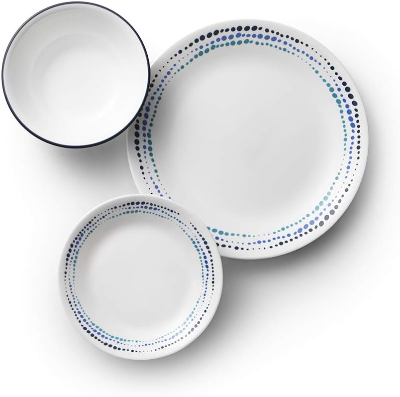 Corelle Vitrelle 18-Piece Service for 6 Dinnerware Set. Triple Layer Glass and Chip Resistant. Lightweight Round Plates and Bowls Set. Ocean Blue