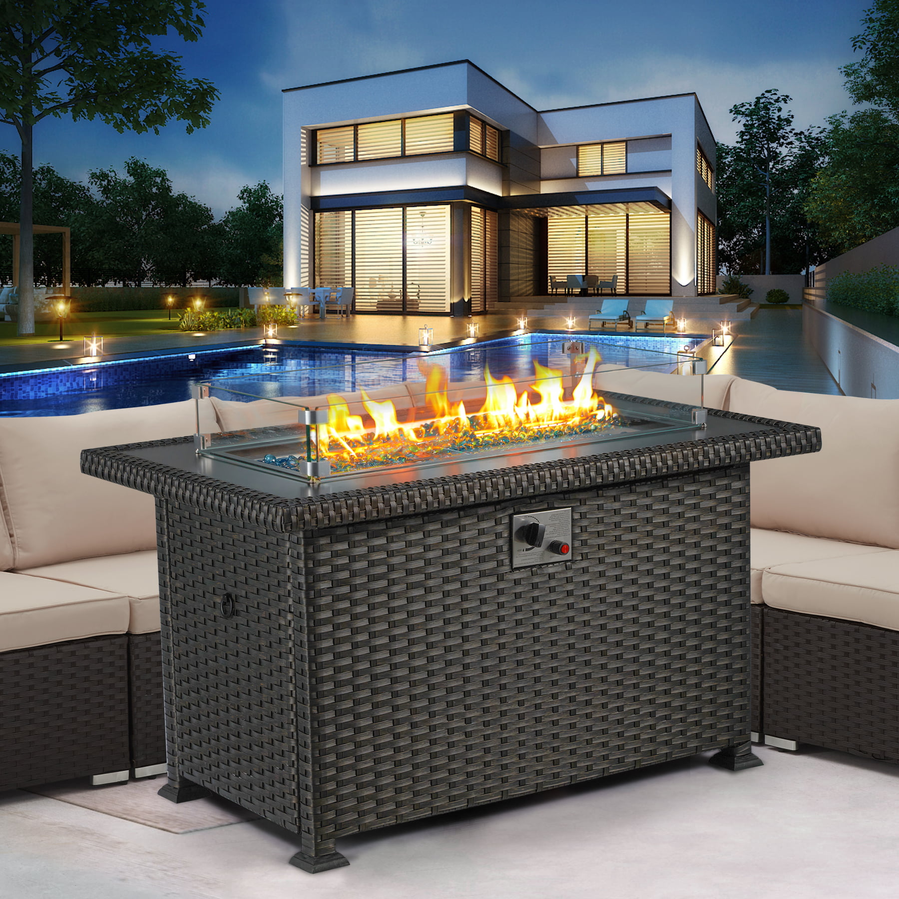 44 in Propane Fire Pit Table.Rattan Fire Pit Table with Lid. Waterproof Cover. 50.000 BTU Gas Firepits for Outside Output