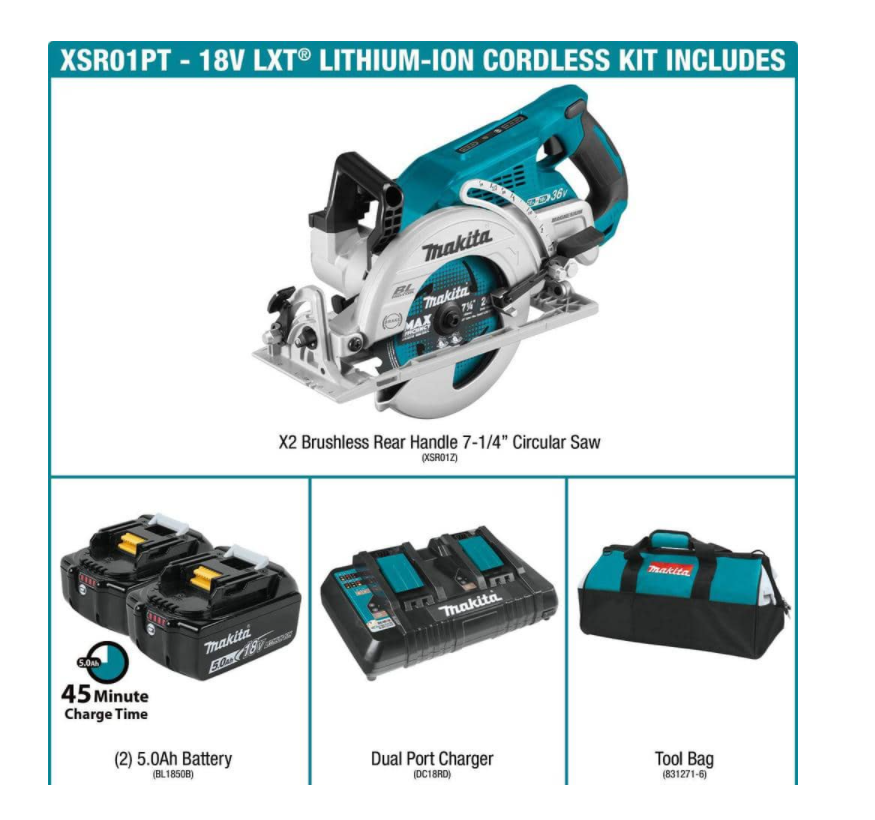 Makita XSR01PT 18-Volt X2 LXT 5.0Ah Lithium-Ion (36-Volt) Brushless Cordless Rear Handle 7-1/4 in. Circular Saw Kit
