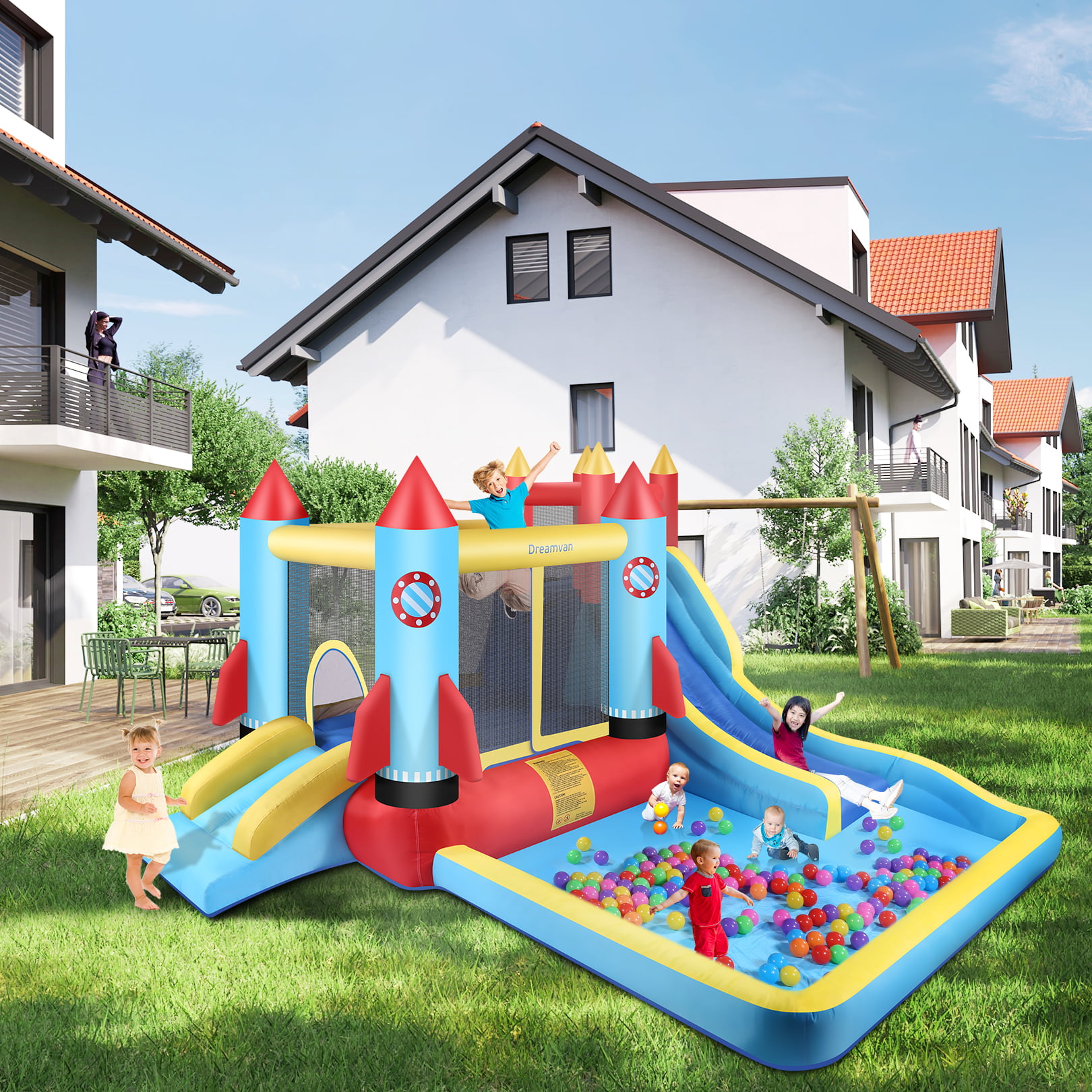 Bigbigmart 146”x 132” x 82” Inflatable Bounce Houses for Kids 3-12 with Blower Double Slide Climbing Wall and Ball Pit/Large Pool Outdoor/Indoor Bouncy House