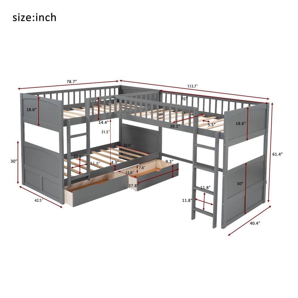 Harper & Bright Designs  Gray Twin Size Wood Bunk Bed with Loft Bed and 2-Drawers