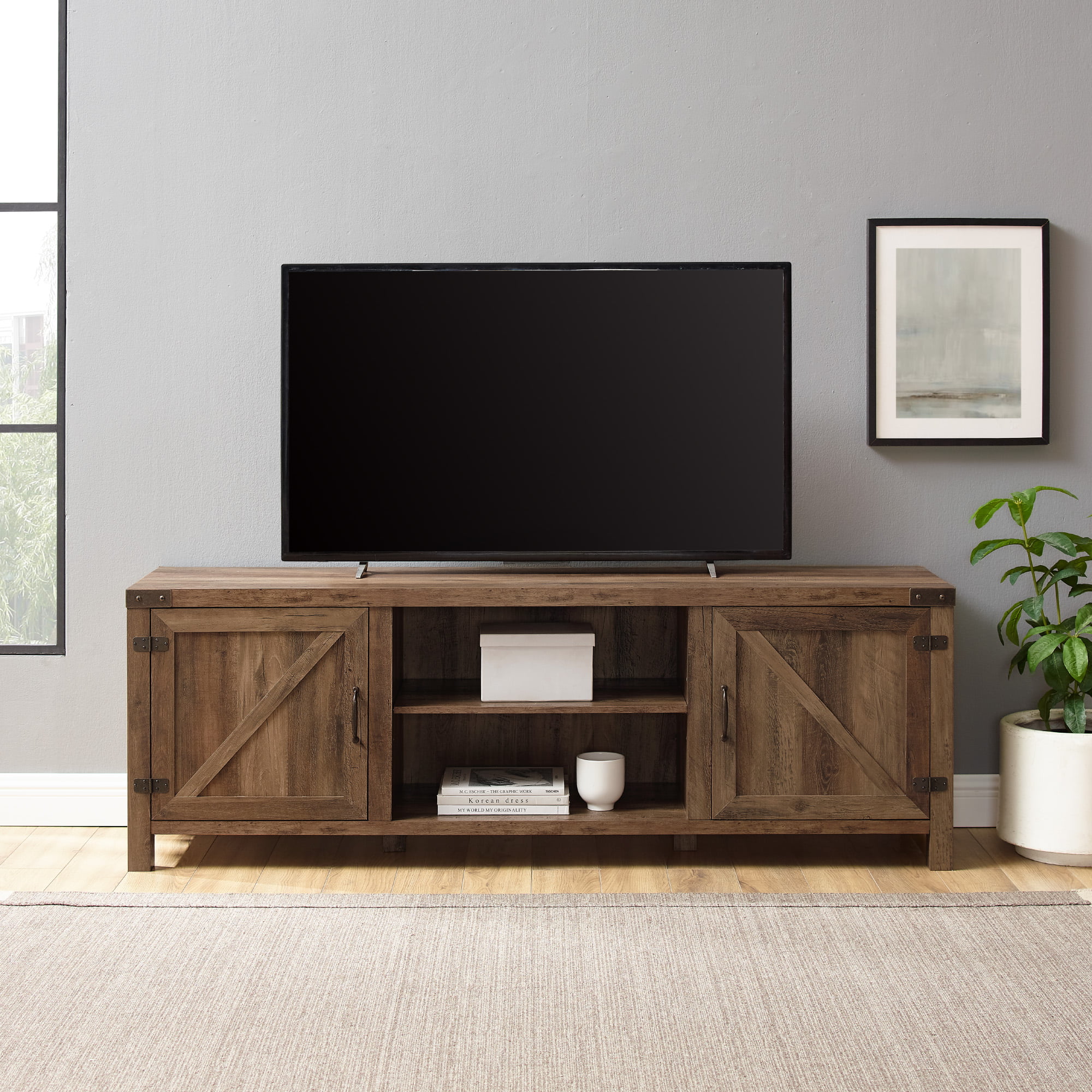 Woven Paths Farmhouse Barn Door TV Stand for TVs up to 80″. Reclaimed Barnwood